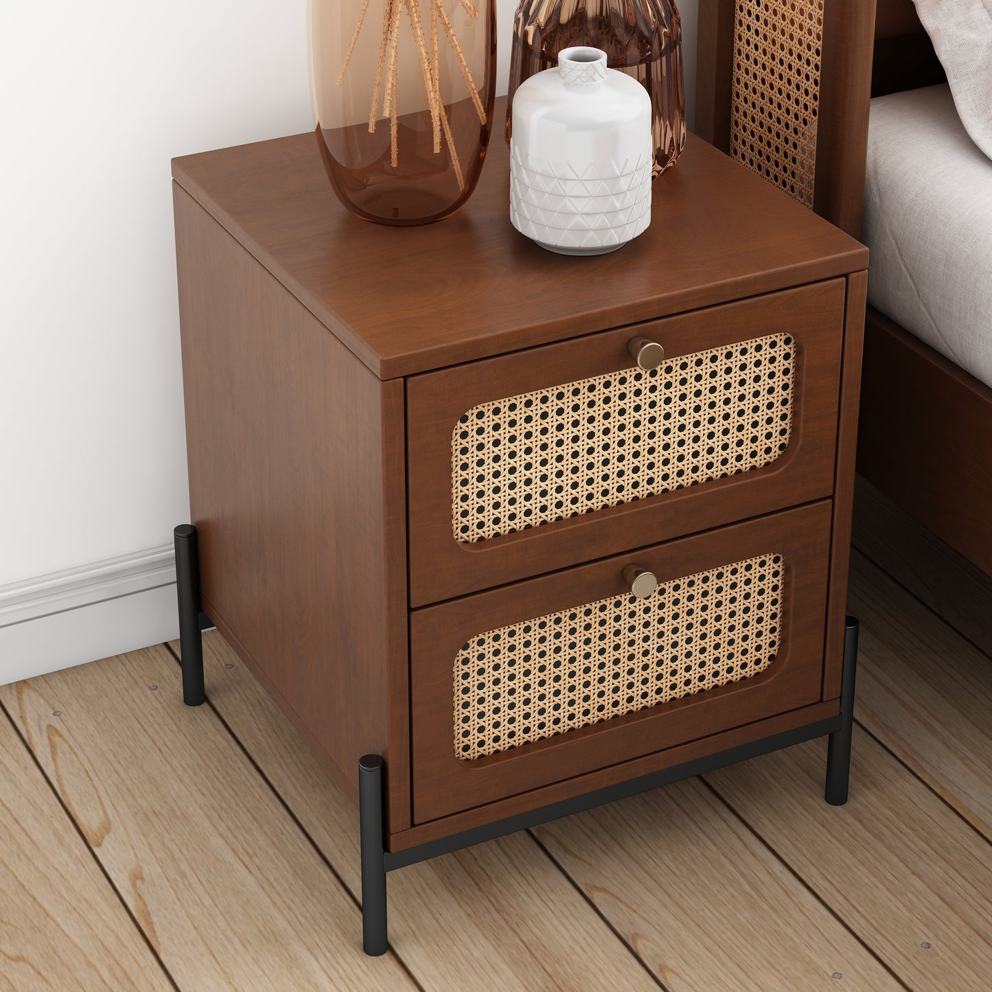 （缺货）Modern Cannage Rattan Wood Closet 2-Drawer Side Table End Table Nightstand for Bedroom, Living Room, Entryway, Hallway, Walnut