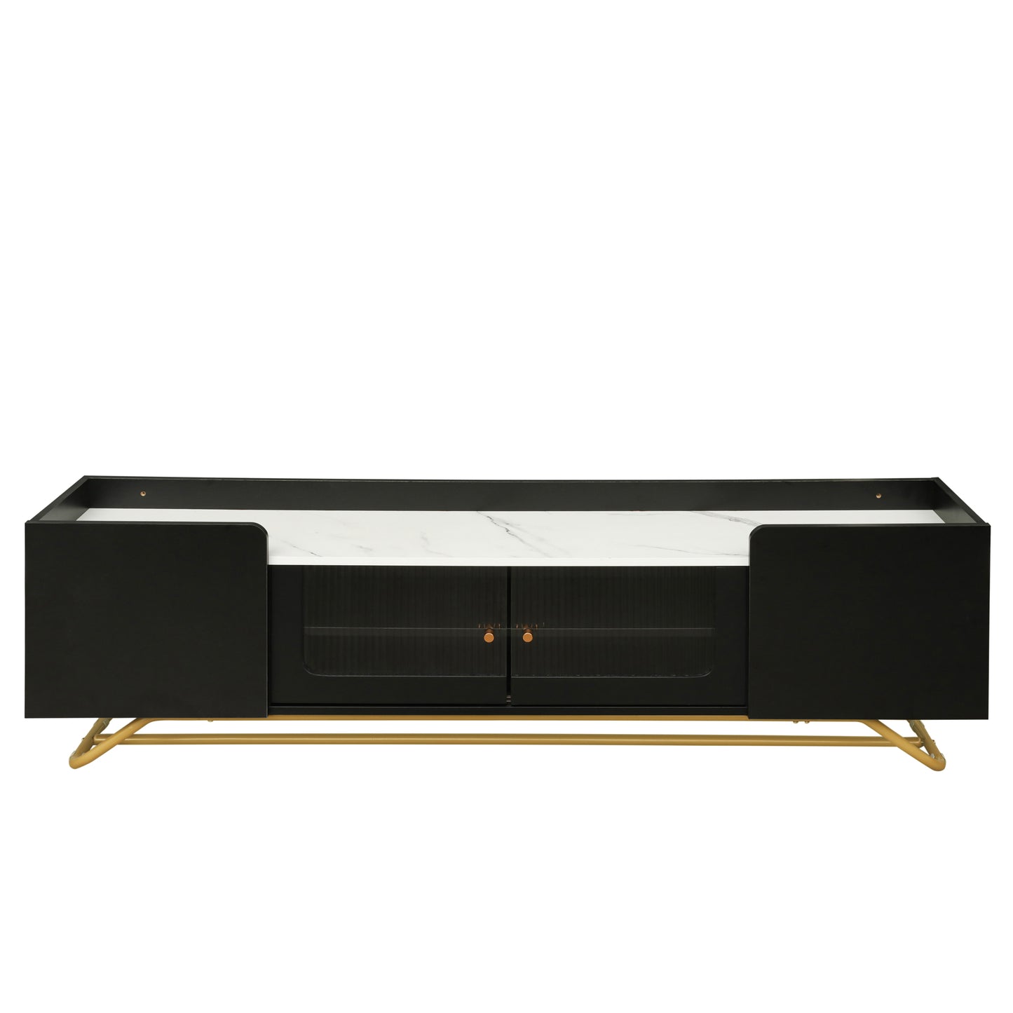 ON-TREND Sleek Design TV Stand with Fluted Glass, Contemporary Entertainment Center for TVs Up to 70", Faux Marble Top TV Console Table with Gold Frame Base, Black