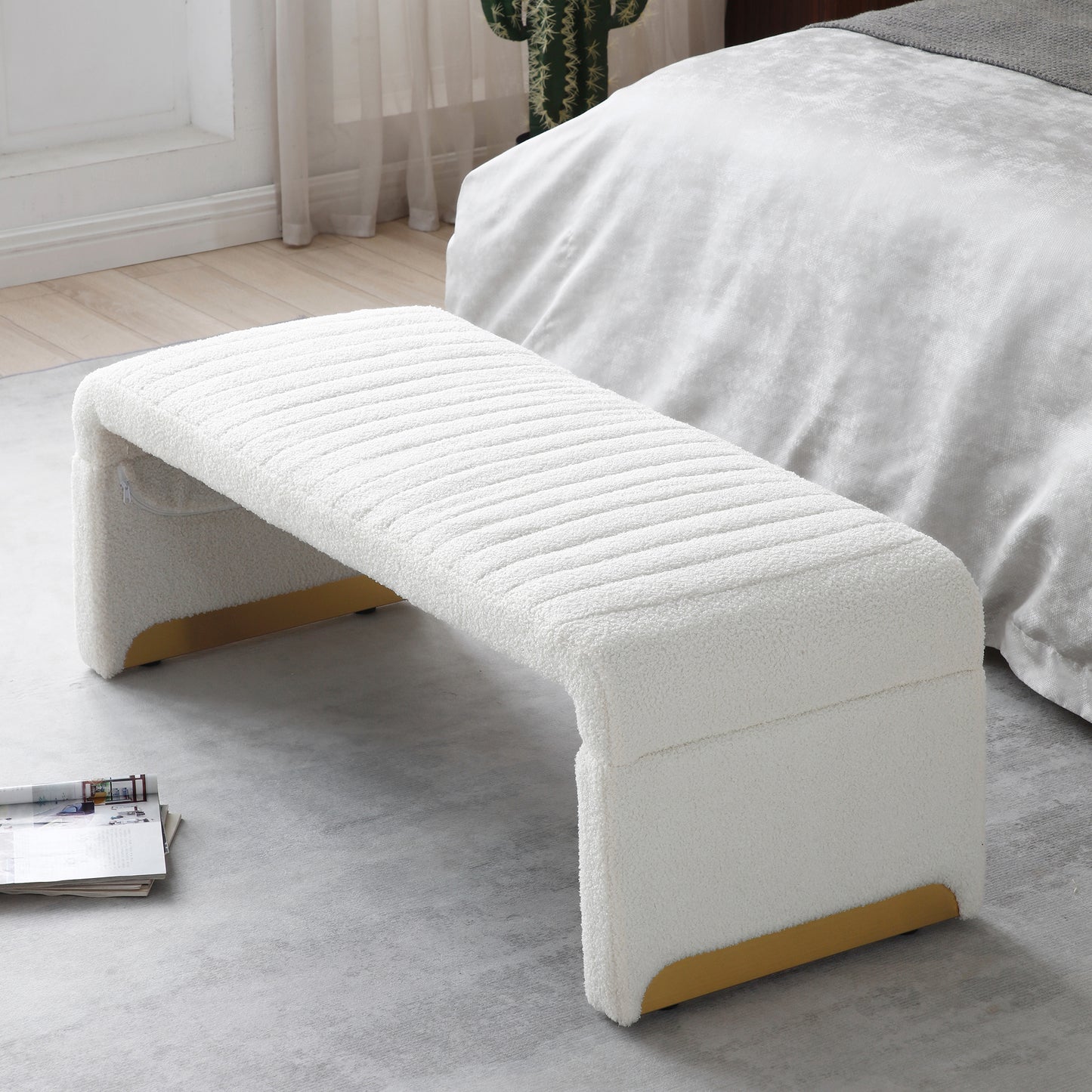 47.2'' Width Modern Ottoman Bench, Upholstered Sherpa Fabric End of Bed Bench, Shoe Bench Footrest Entryway Bench Coffee Table for Living Room, Bedroom,Beige