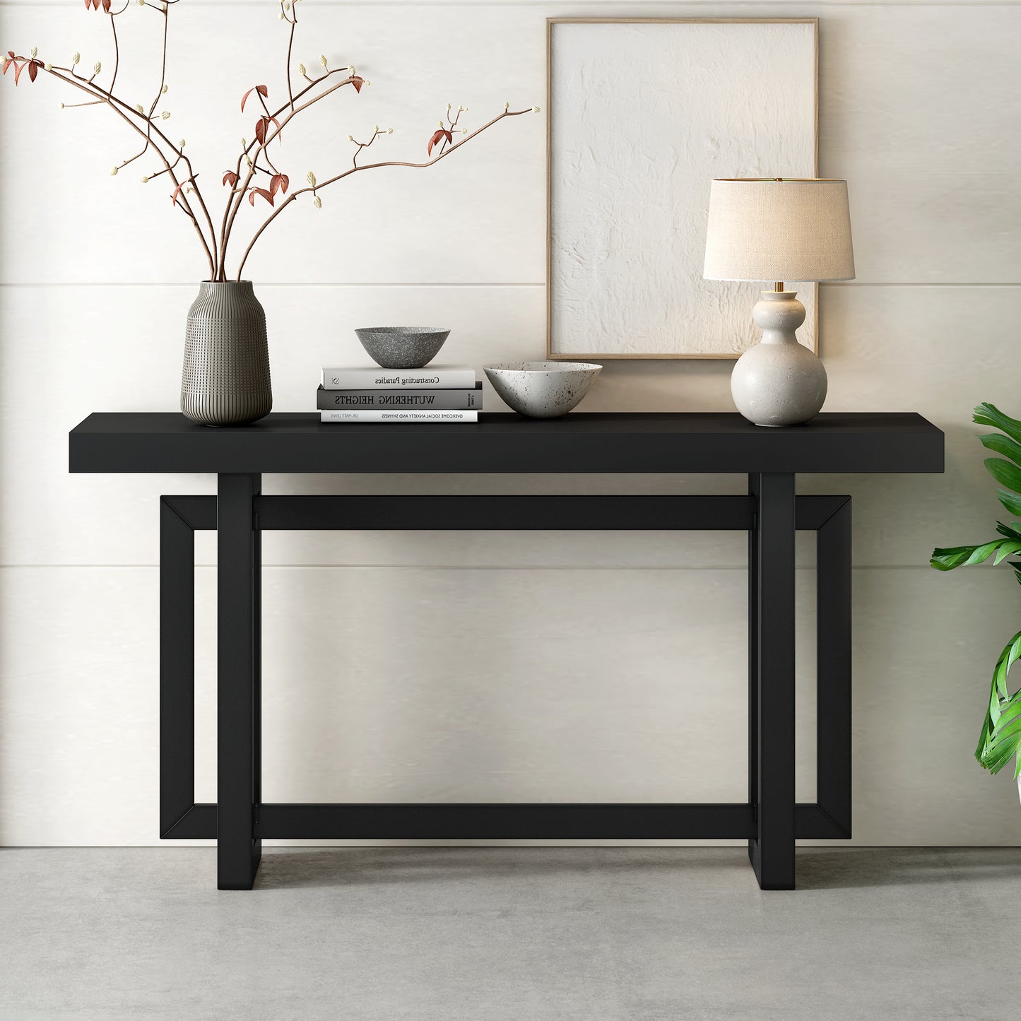 U_STYLE Contemporary Console Table with Industrial-inspired Concrete Wood Top, Extra Long Entryway Table for Entryway, Hallway, Living Room, Foyer, Corridor