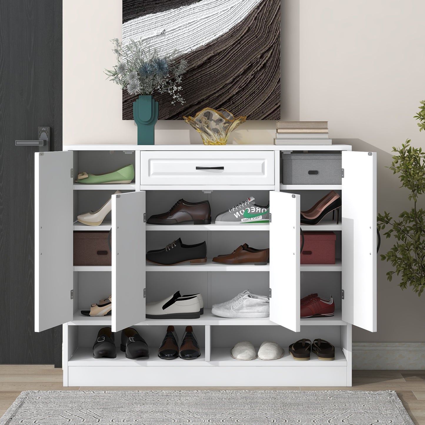 ON-TREND Sleek and Modern Shoe Cabinet with Adjustable Shelves, Minimalist Shoe Storage Organizer with Sturdy Top Surface, Space-saving Design Side Board for Various Sizes of Items, White