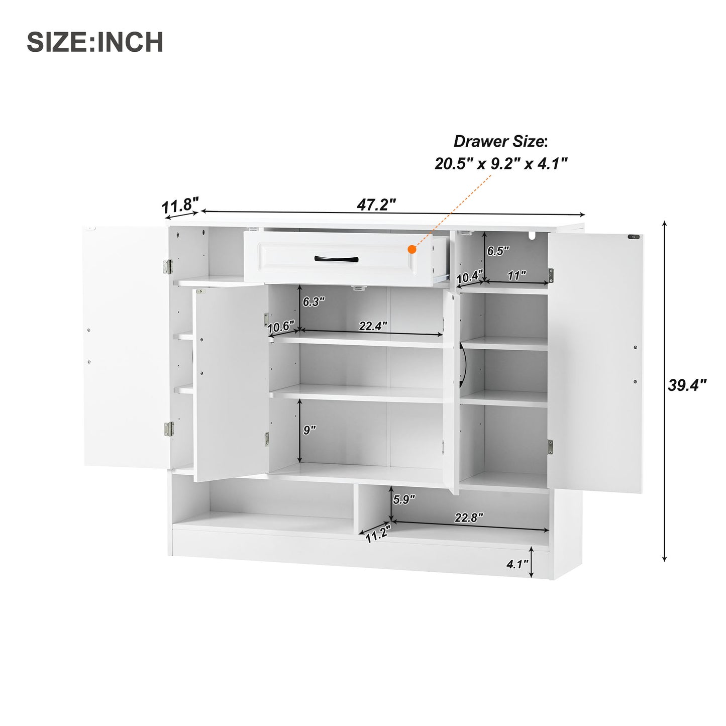 ON-TREND Sleek and Modern Shoe Cabinet with Adjustable Shelves, Minimalist Shoe Storage Organizer with Sturdy Top Surface, Space-saving Design Side Board for Various Sizes of Items, White