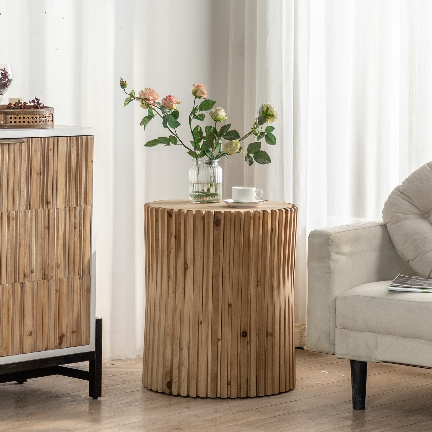 Retro Fashion Style Cylindrical Coffee Table with Vertical Texture Relief Design,Suitable for Living Room,Office,and Dining Room