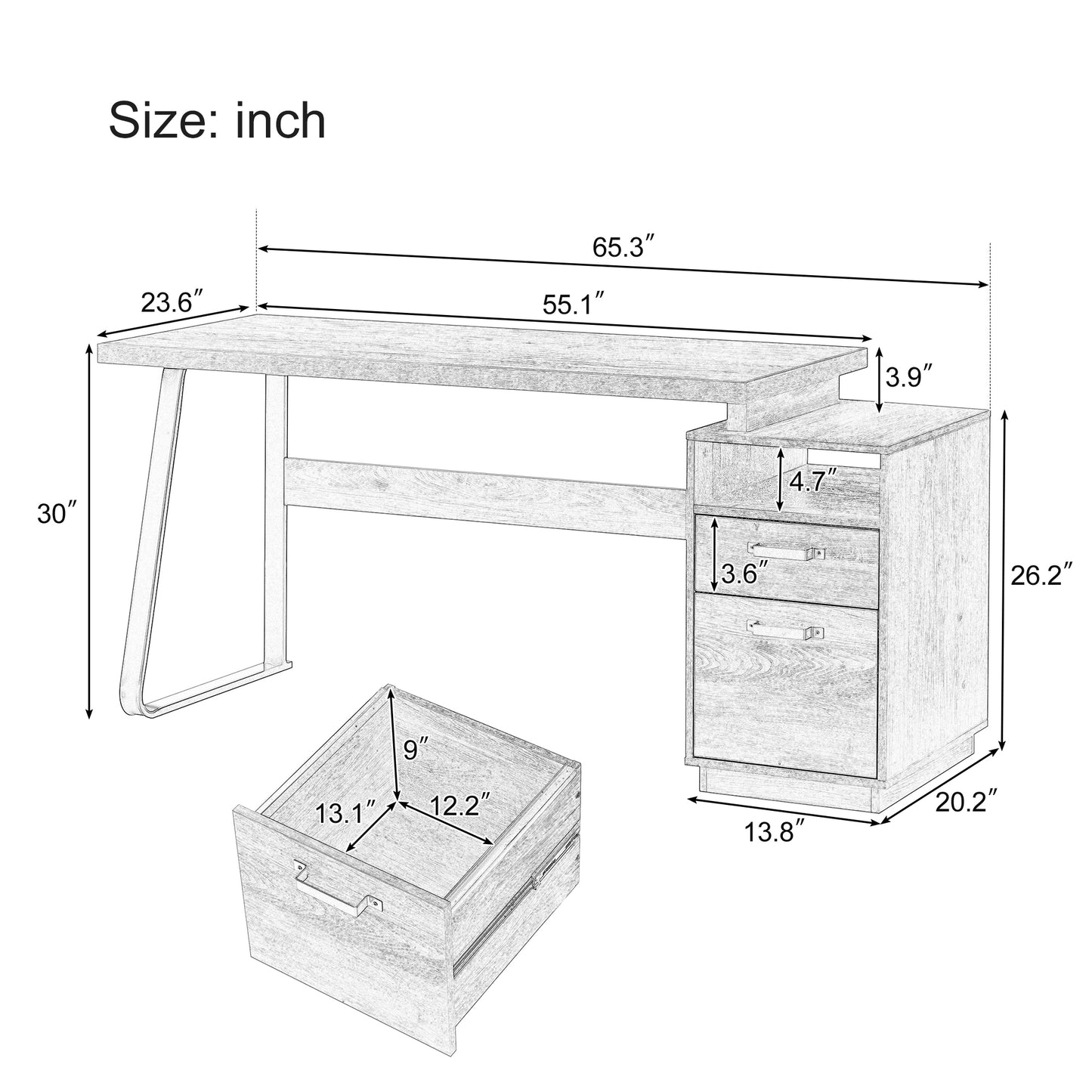 （预计 2025 2.11-2.18到货）Home Office Computer Desk with Drawers/Hanging Letter-size Files, 65 inch Writing Study Table with Drawers