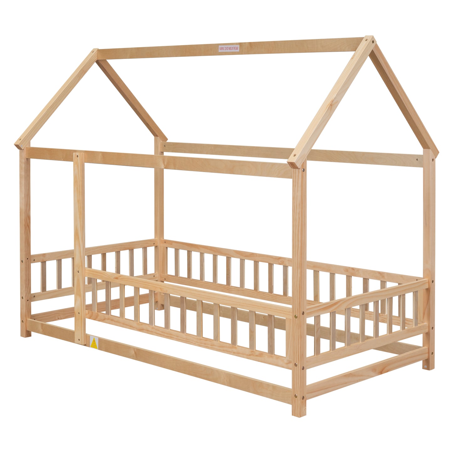 Twin Size Floor Wooden Bed with House Roof Frame, Fence Guardrails