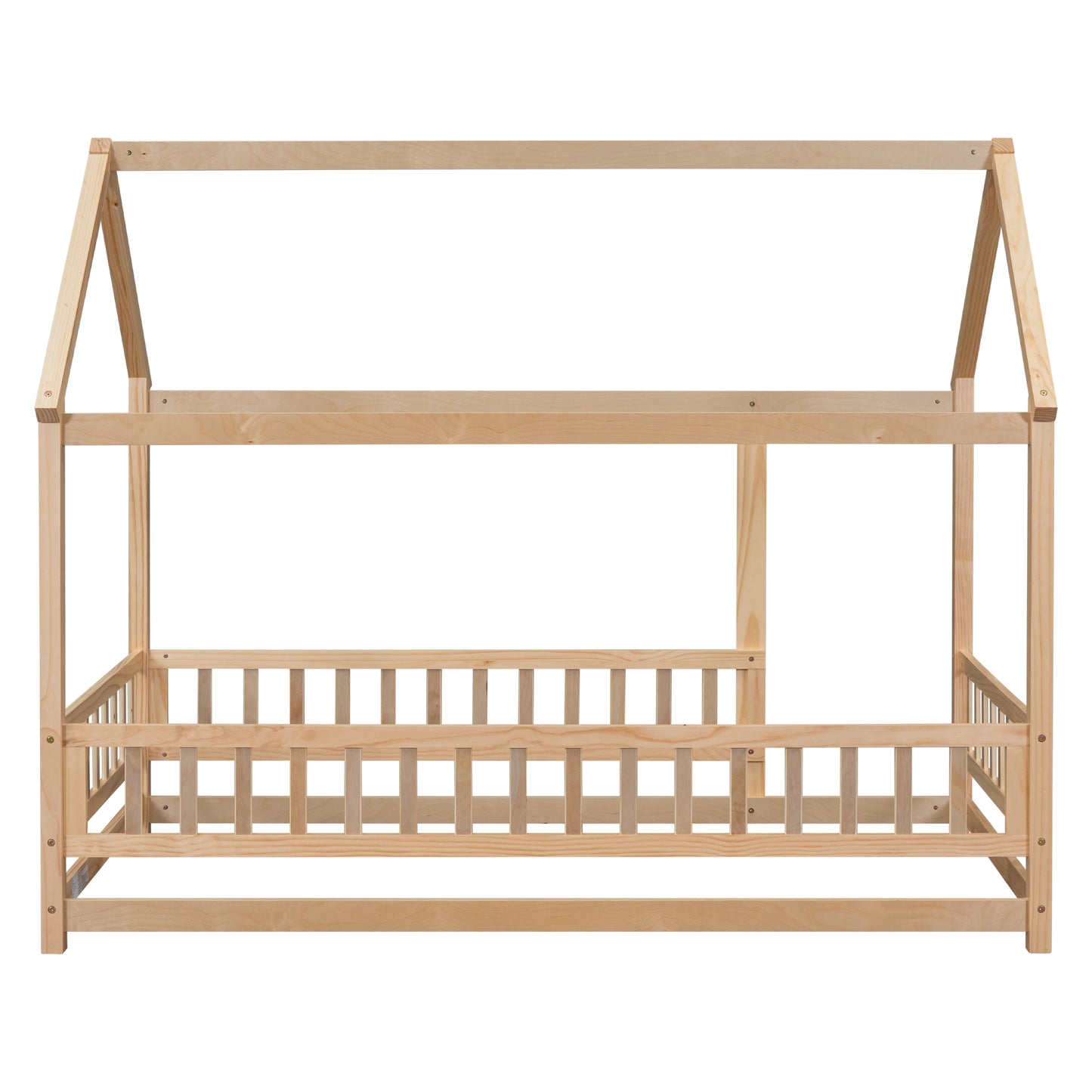 Twin Size Floor Wooden Bed with House Roof Frame, Fence Guardrails