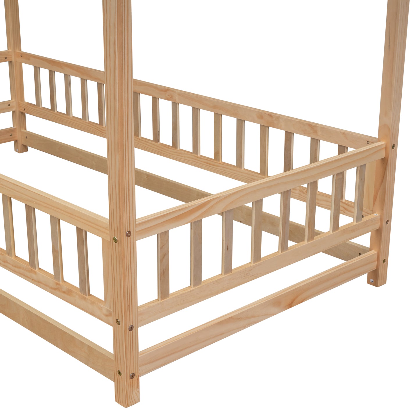 Twin Size Floor Wooden Bed with House Roof Frame, Fence Guardrails