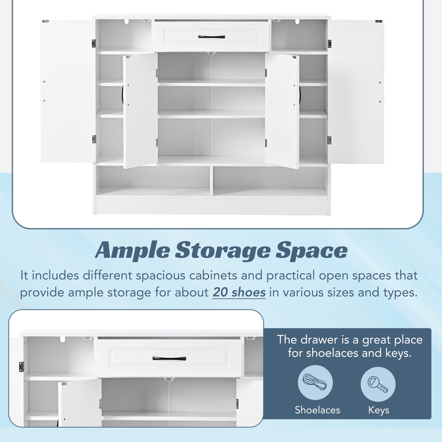 ON-TREND Sleek and Modern Shoe Cabinet with Adjustable Shelves, Minimalist Shoe Storage Organizer with Sturdy Top Surface, Space-saving Design Side Board for Various Sizes of Items, White