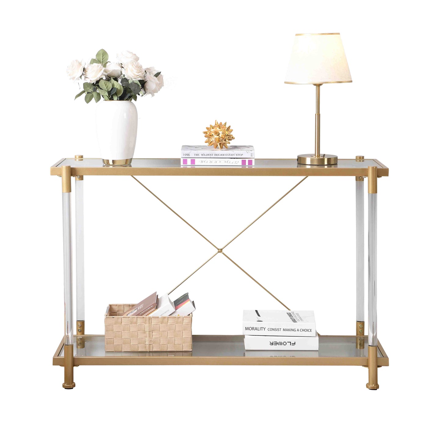 43.31'' Golden Glass Sofa Table, Acrylic Side Table, Console Table for Living Roome& Bedroom