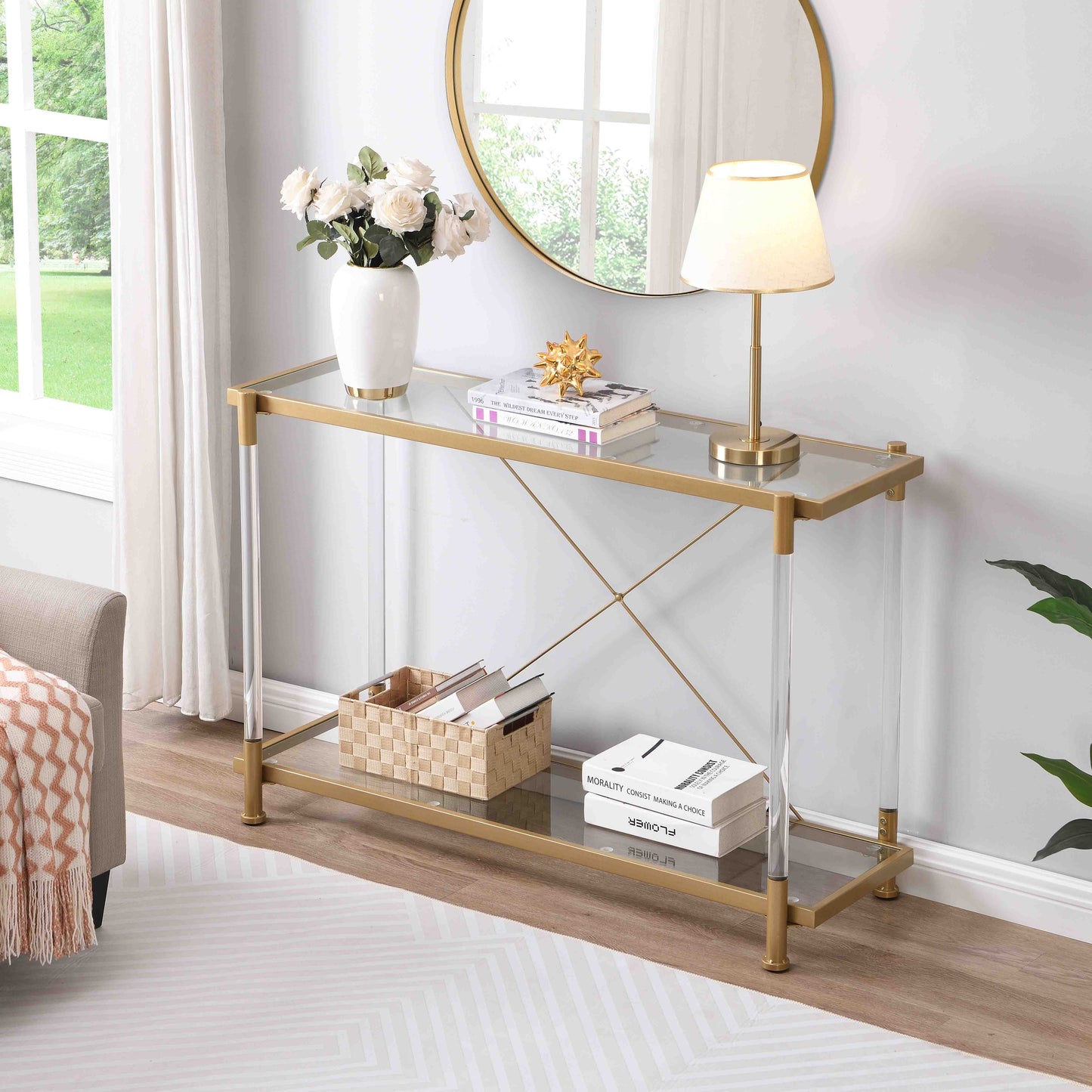 43.31'' Golden Glass Sofa Table, Acrylic Side Table, Console Table for Living Roome& Bedroom