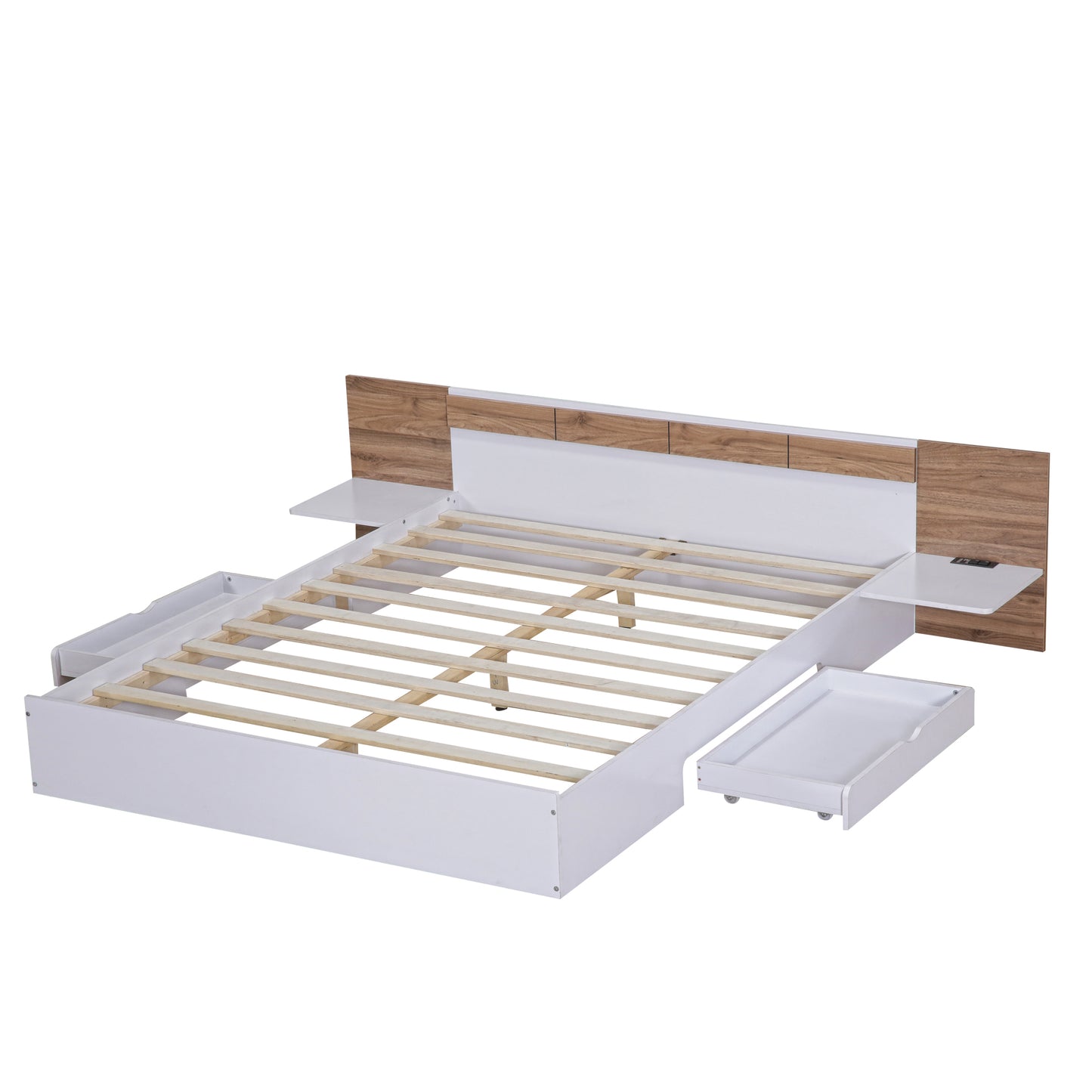 Queen Size Platform Bed with Headboard, Drawers, Shelves, USB Ports and Sockets, White