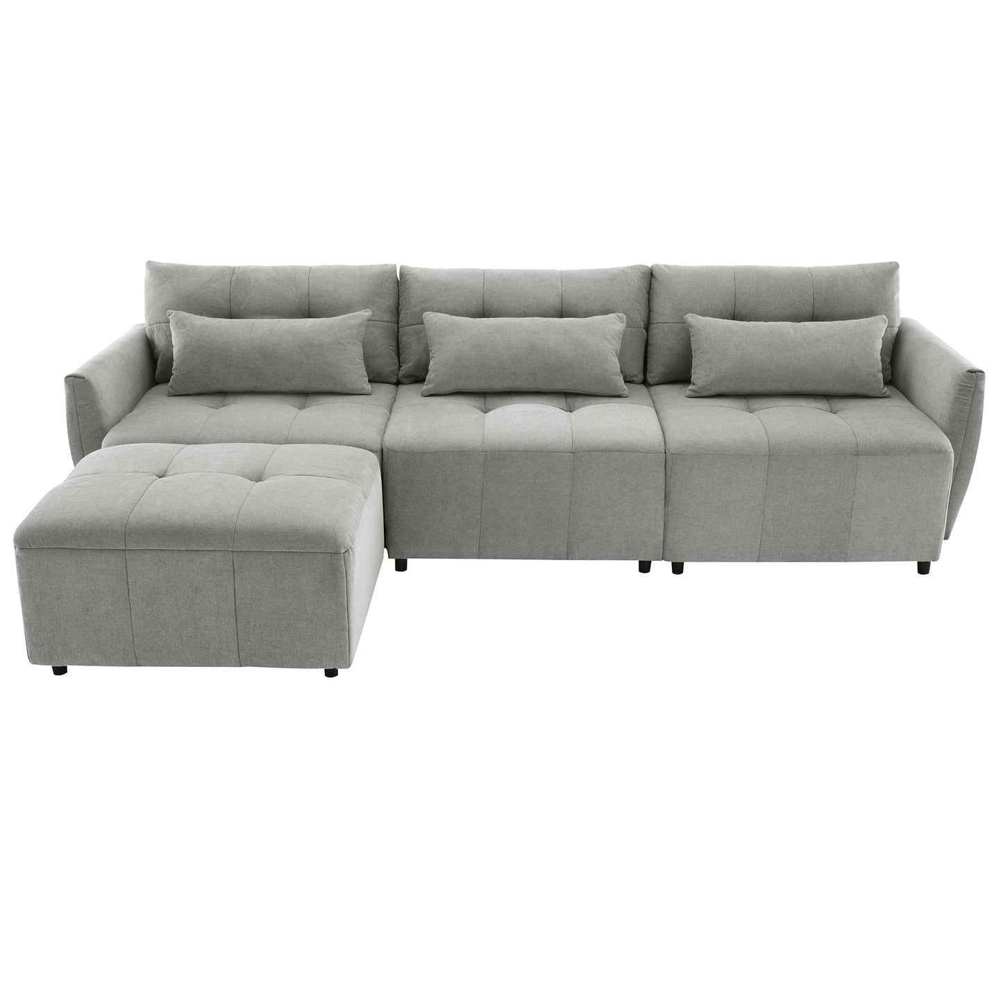 113.3" Convertible Sectional Sofa Couch 3-Seat L-Shaped Sofa with Movable Ottoman and USB for Apartment, Living Room, Bedroom, Grey