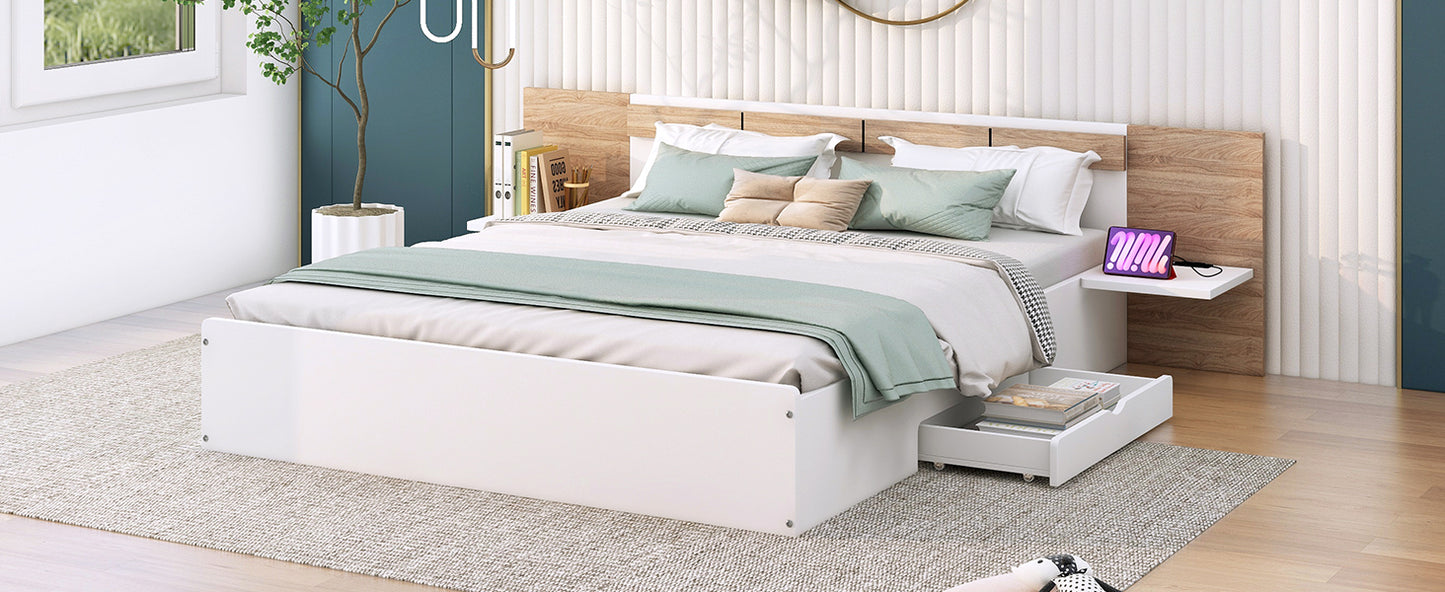 Queen Size Platform Bed with Headboard, Drawers, Shelves, USB Ports and Sockets, White