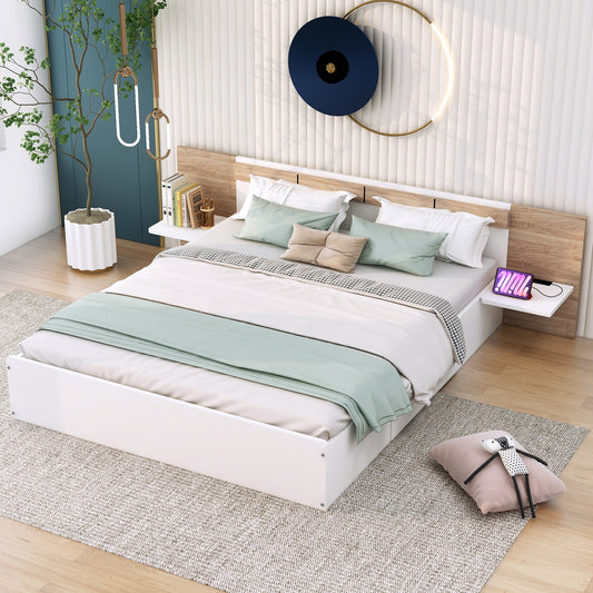 Queen Size Platform Bed with Headboard, Drawers, Shelves, USB Ports and Sockets, White