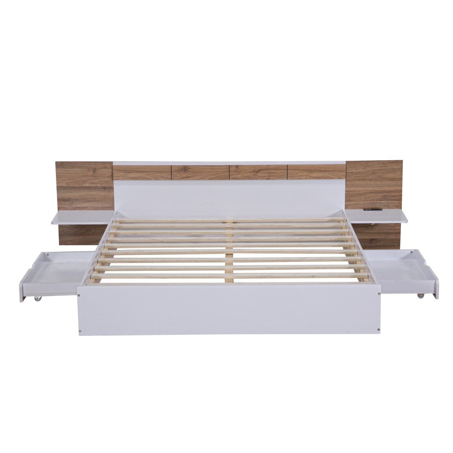 Queen Size Platform Bed with Headboard, Drawers, Shelves, USB Ports and Sockets, White