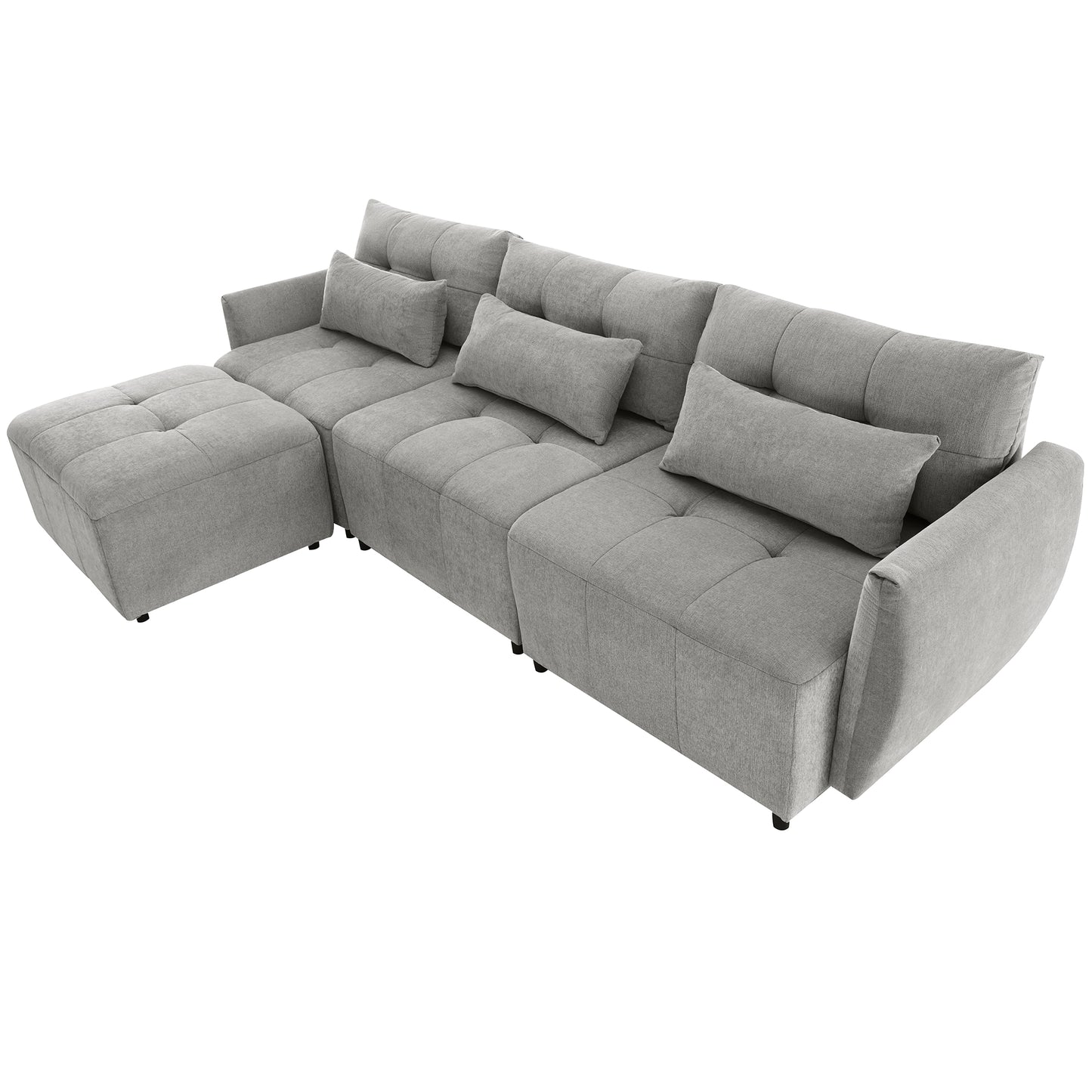 113.3" Convertible Sectional Sofa Couch 3-Seat L-Shaped Sofa with Movable Ottoman and USB for Apartment, Living Room, Bedroom, Grey