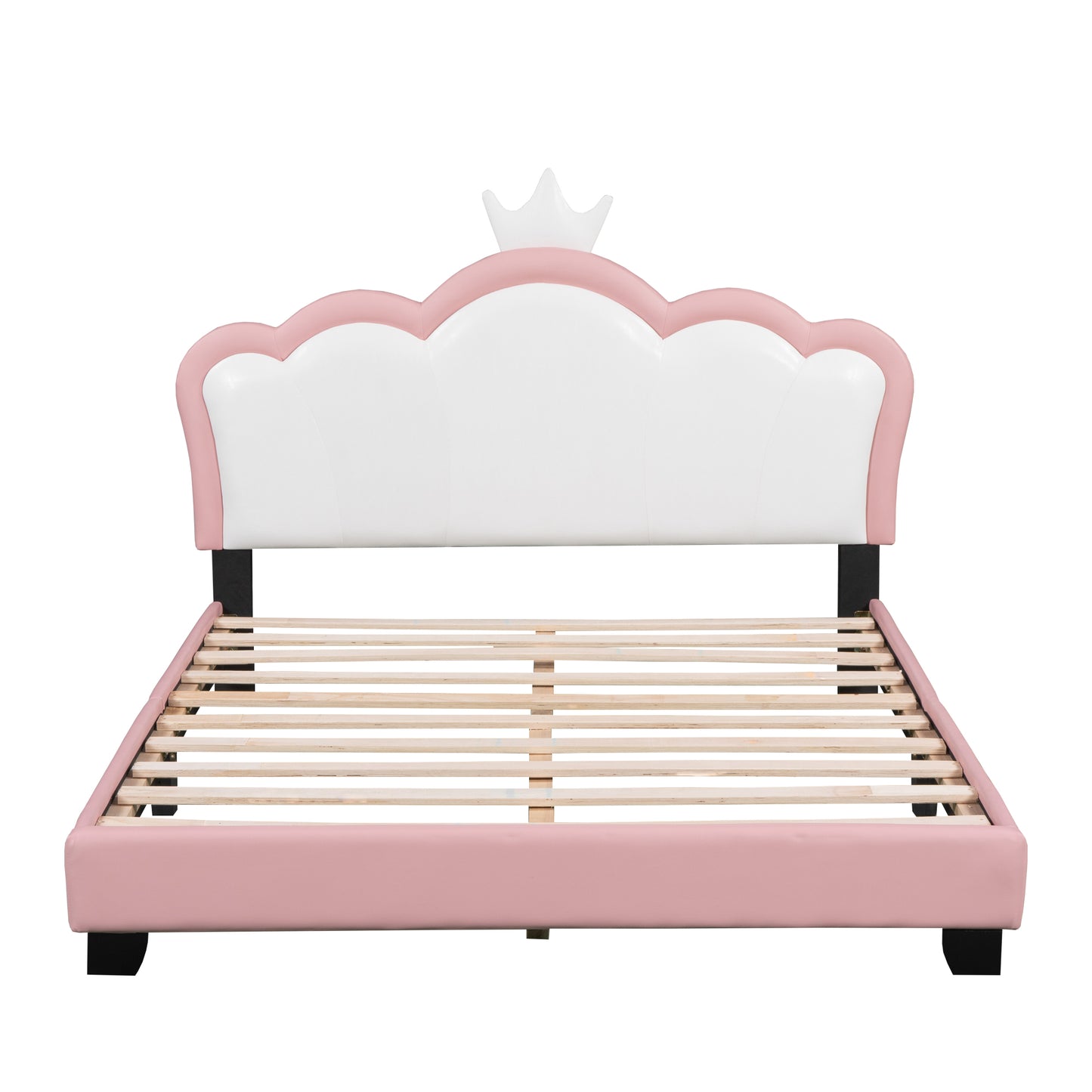 Full size Upholstered Princess Bed With Crown Headboard,Full Size Platform Bed with Headboard and Footboard,White+Pink