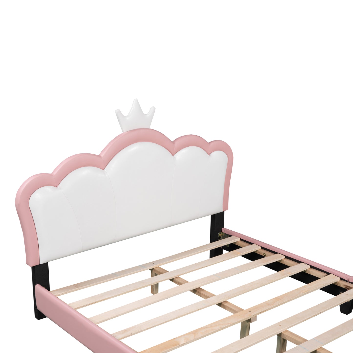 Full size Upholstered Princess Bed With Crown Headboard,Full Size Platform Bed with Headboard and Footboard,White+Pink