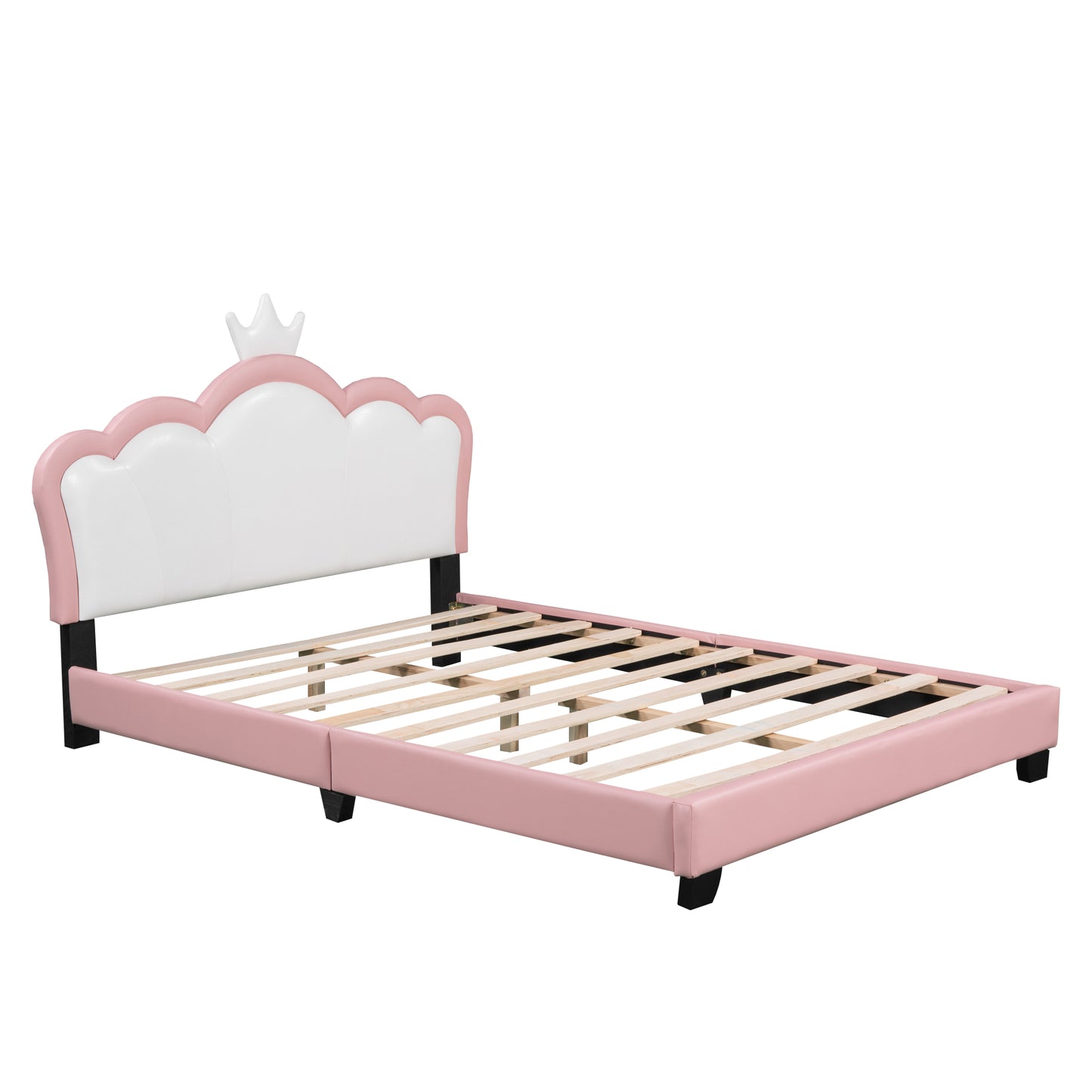 Full size Upholstered Princess Bed With Crown Headboard,Full Size Platform Bed with Headboard and Footboard,White+Pink