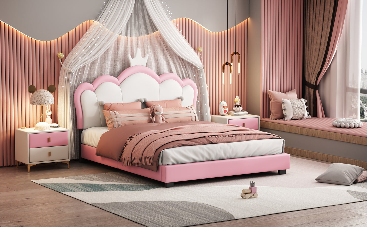 Full size Upholstered Princess Bed With Crown Headboard,Full Size Platform Bed with Headboard and Footboard,White+Pink