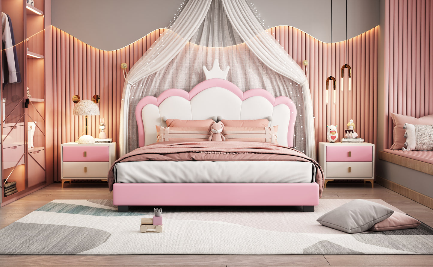 Full size Upholstered Princess Bed With Crown Headboard,Full Size Platform Bed with Headboard and Footboard,White+Pink