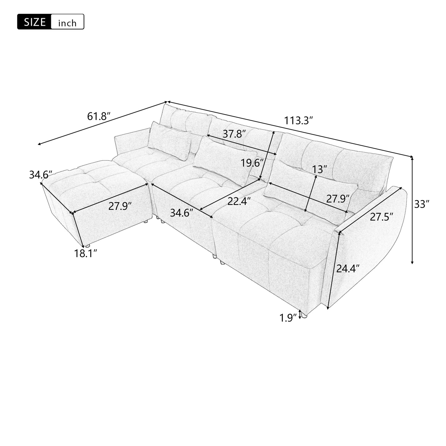 113.3" Convertible Sectional Sofa Couch 3-Seat L-Shaped Sofa with Movable Ottoman and USB for Apartment, Living Room, Bedroom, Grey