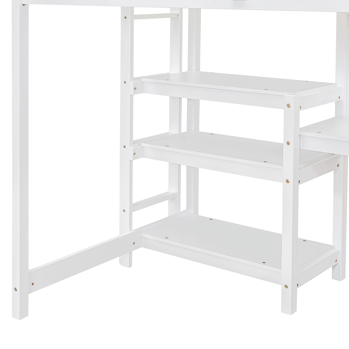 Twin Size Wooden Loft Bed with Shelves, Desk and Writing Board - White