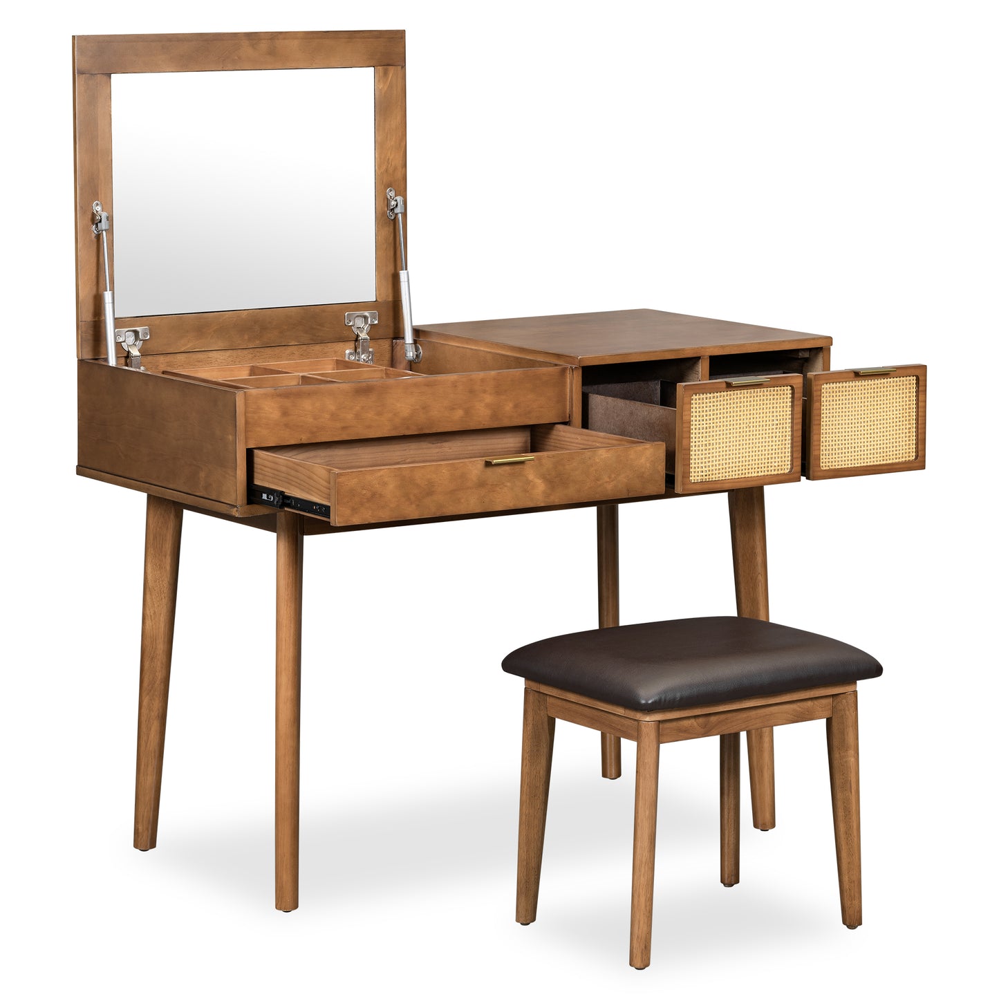 43.3" Classic Wood Makeup Vanity Set with Flip-top Mirror and Stool, Dressing Table with Three Drawers and storage space, Brown