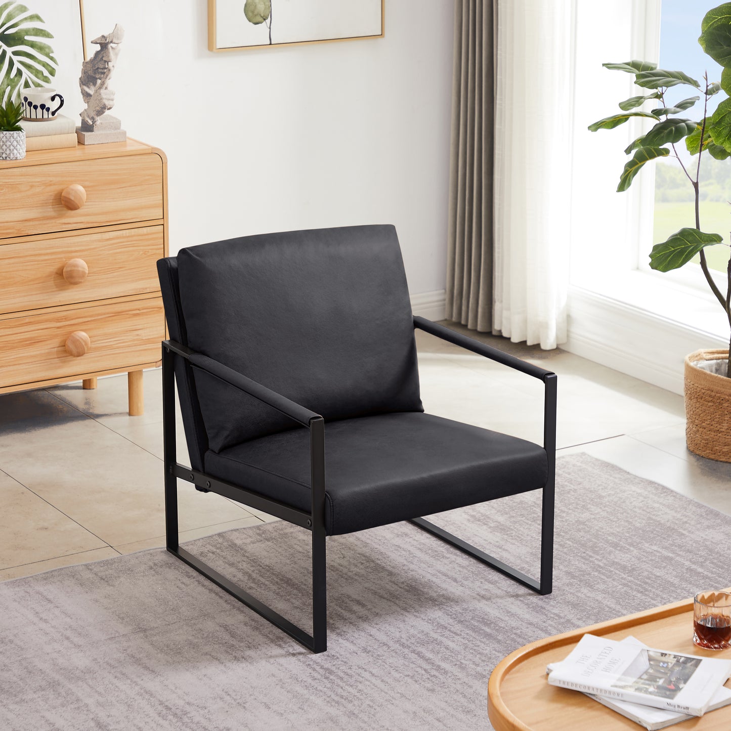 Lounge, living room, office or the reception area PVC leather accent arm chair with Extra thick padded backrest and seat cushion sofa chairs,Non-slip adsorption feet,sturdy metal frame,Black