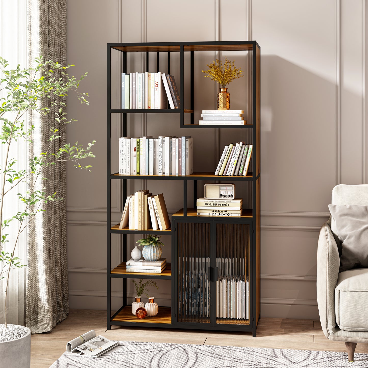 Multipurpose Bookshelf Storage Rack, Right Side with Enclosed Storage Cabinet,for Living Room,Home Office,Kitchen