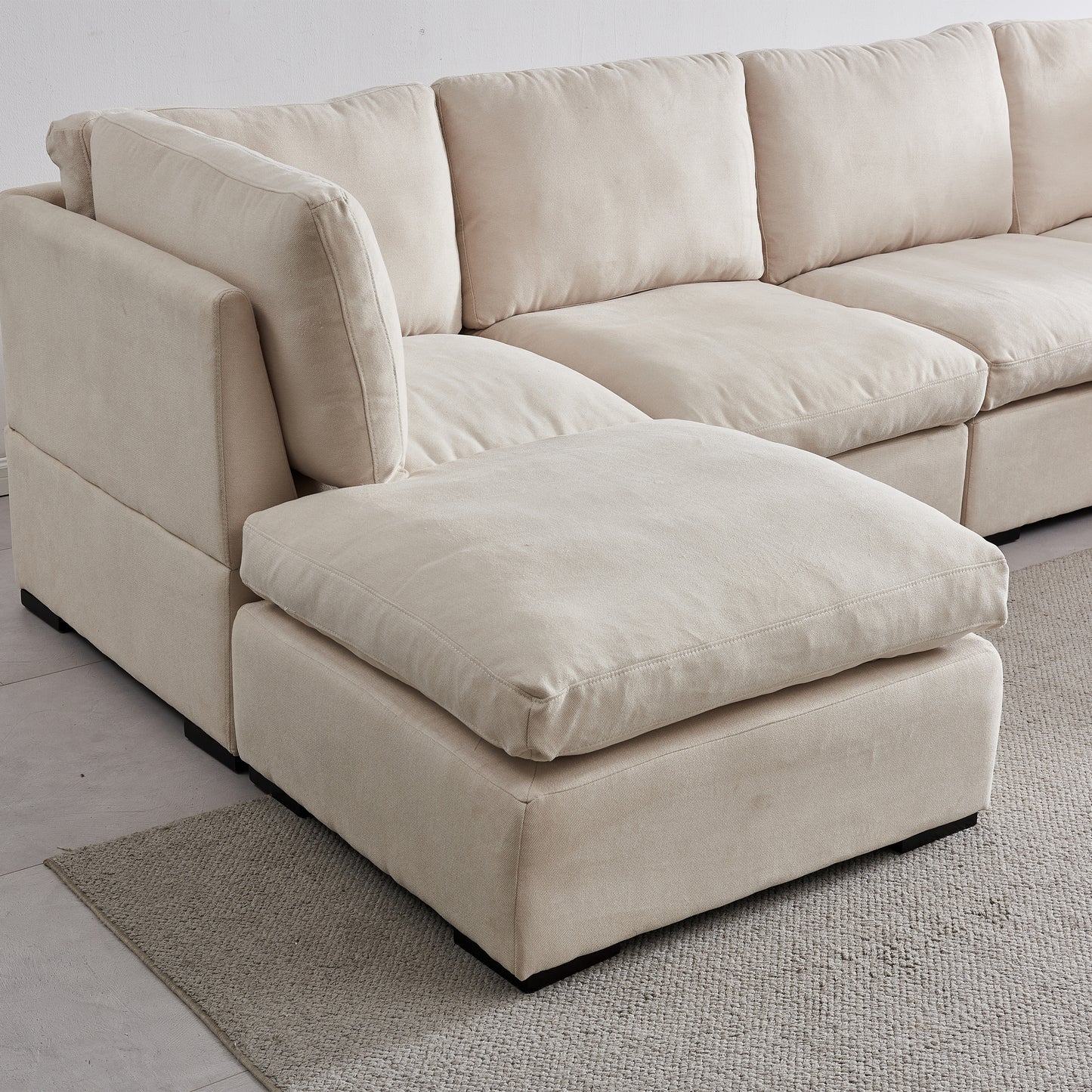 Modular Sofa with Ottoman,Filled with Down ,Soft Linen Fabric,Beige