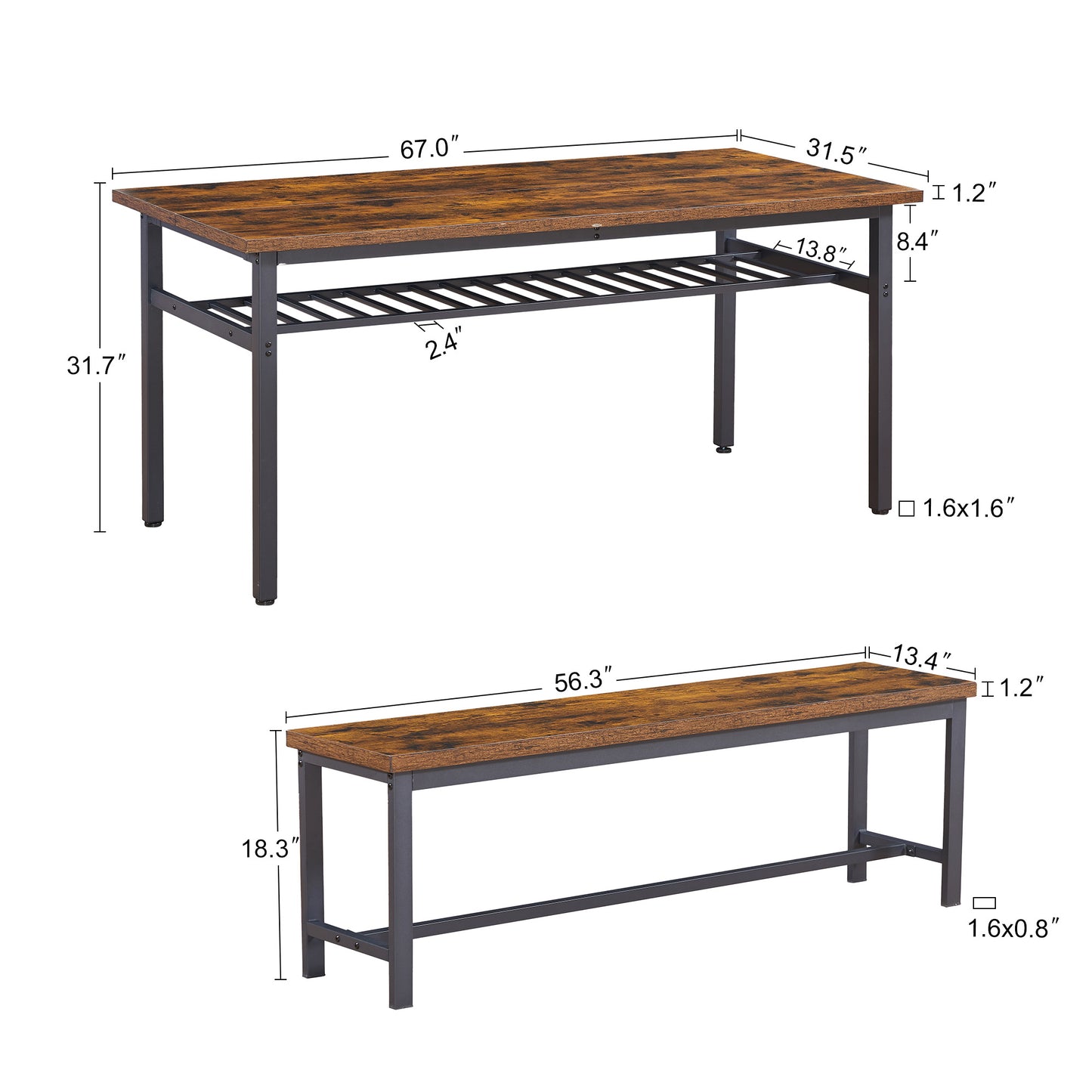 （缺货）Oversized dining table set for 6, 3-Piece Kitchen Table with 2 Benches, Dining Room Table Set for Home Kitchen, Restaurant, Rustic Brown,67'' L x 31.5'' W x 31.7'' H.