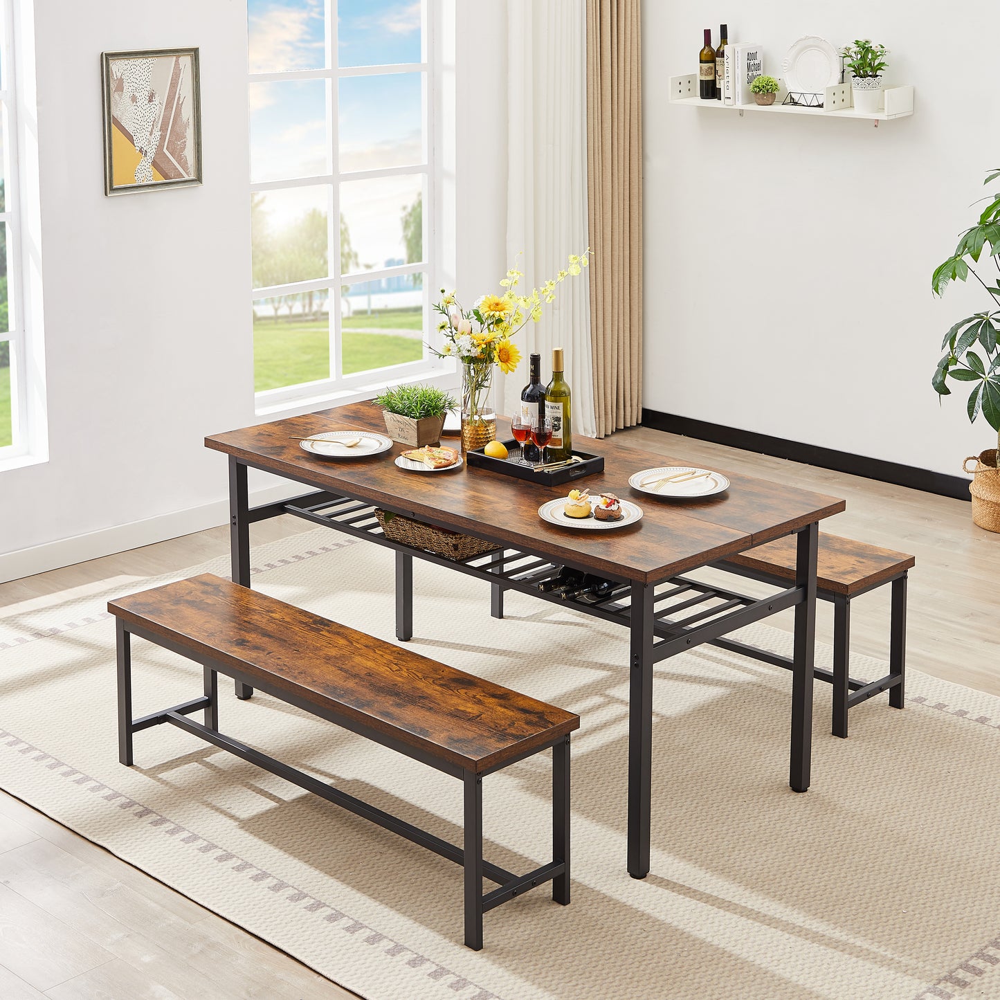 （缺货）Oversized dining table set for 6, 3-Piece Kitchen Table with 2 Benches, Dining Room Table Set for Home Kitchen, Restaurant, Rustic Brown,67'' L x 31.5'' W x 31.7'' H.