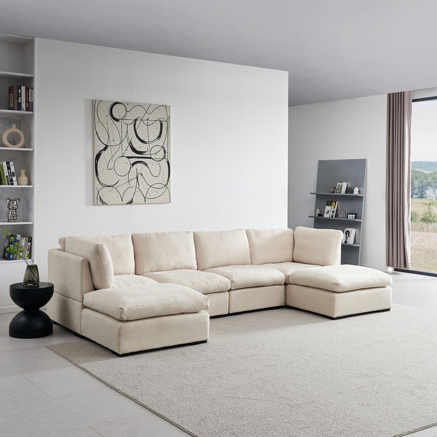 Modular Sofa with Ottoman,Filled with Down ,Soft Linen Fabric,Beige