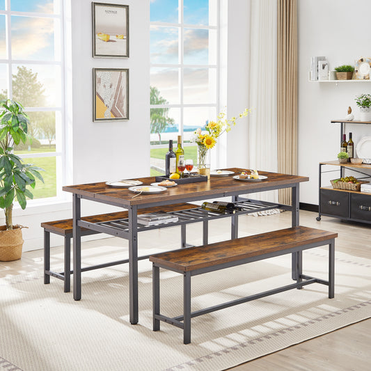 （缺货）Oversized dining table set for 6, 3-Piece Kitchen Table with 2 Benches, Dining Room Table Set for Home Kitchen, Restaurant, Rustic Brown,67'' L x 31.5'' W x 31.7'' H.