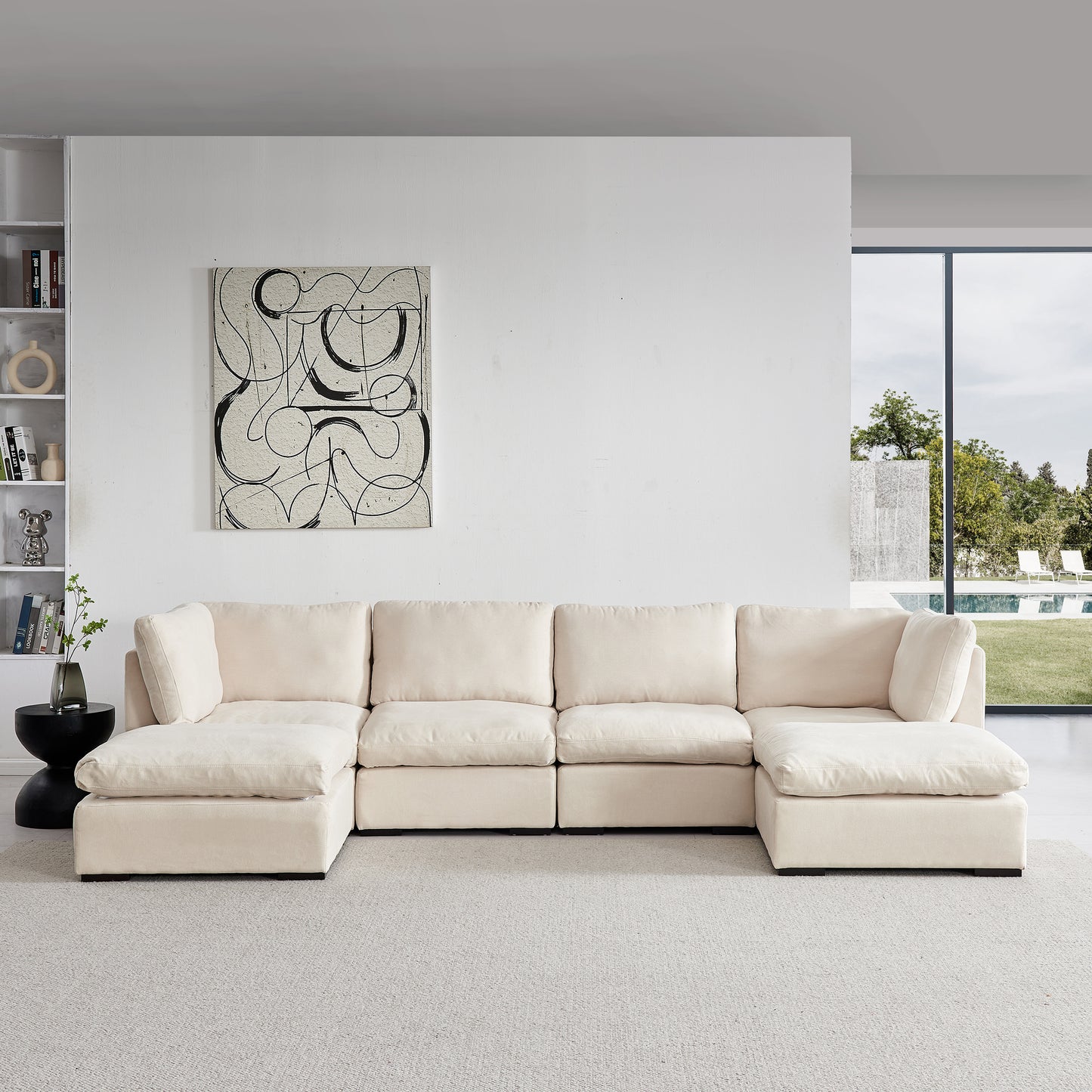 Modular Sofa with Ottoman,Filled with Down ,Soft Linen Fabric,Beige