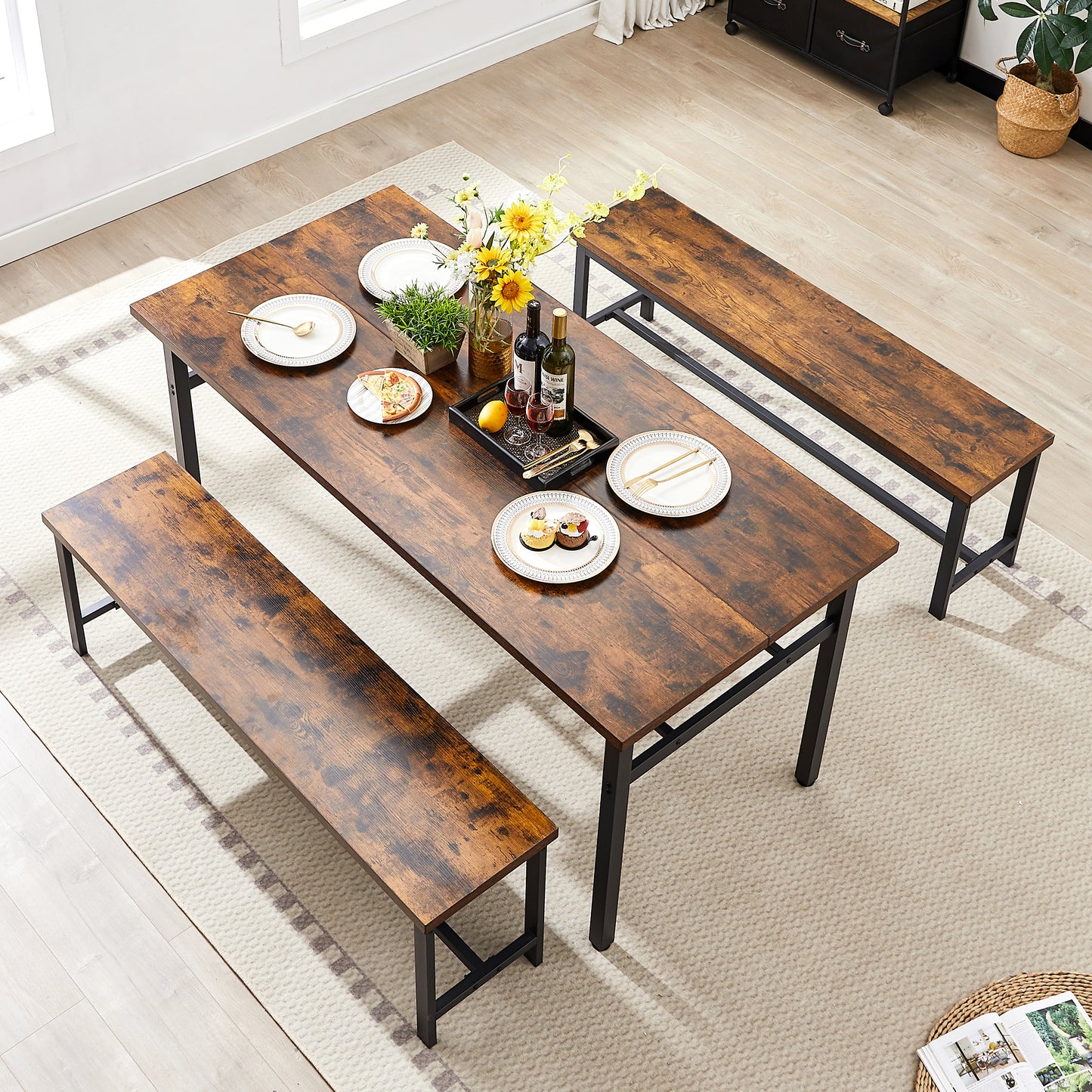 （缺货）Oversized dining table set for 6, 3-Piece Kitchen Table with 2 Benches, Dining Room Table Set for Home Kitchen, Restaurant, Rustic Brown,67'' L x 31.5'' W x 31.7'' H.