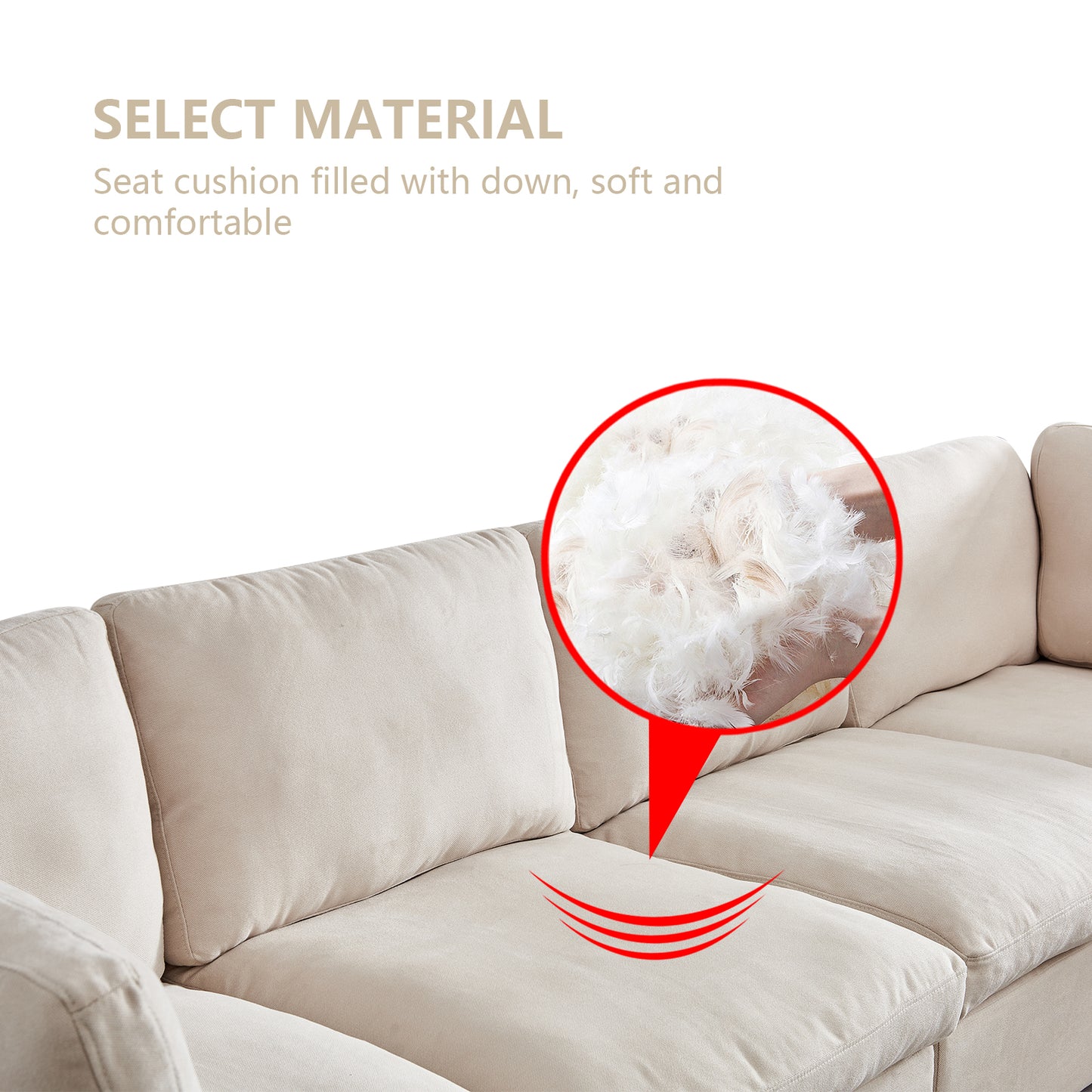 Modular Sofa with Ottoman,Filled with Down ,Soft Linen Fabric,Beige