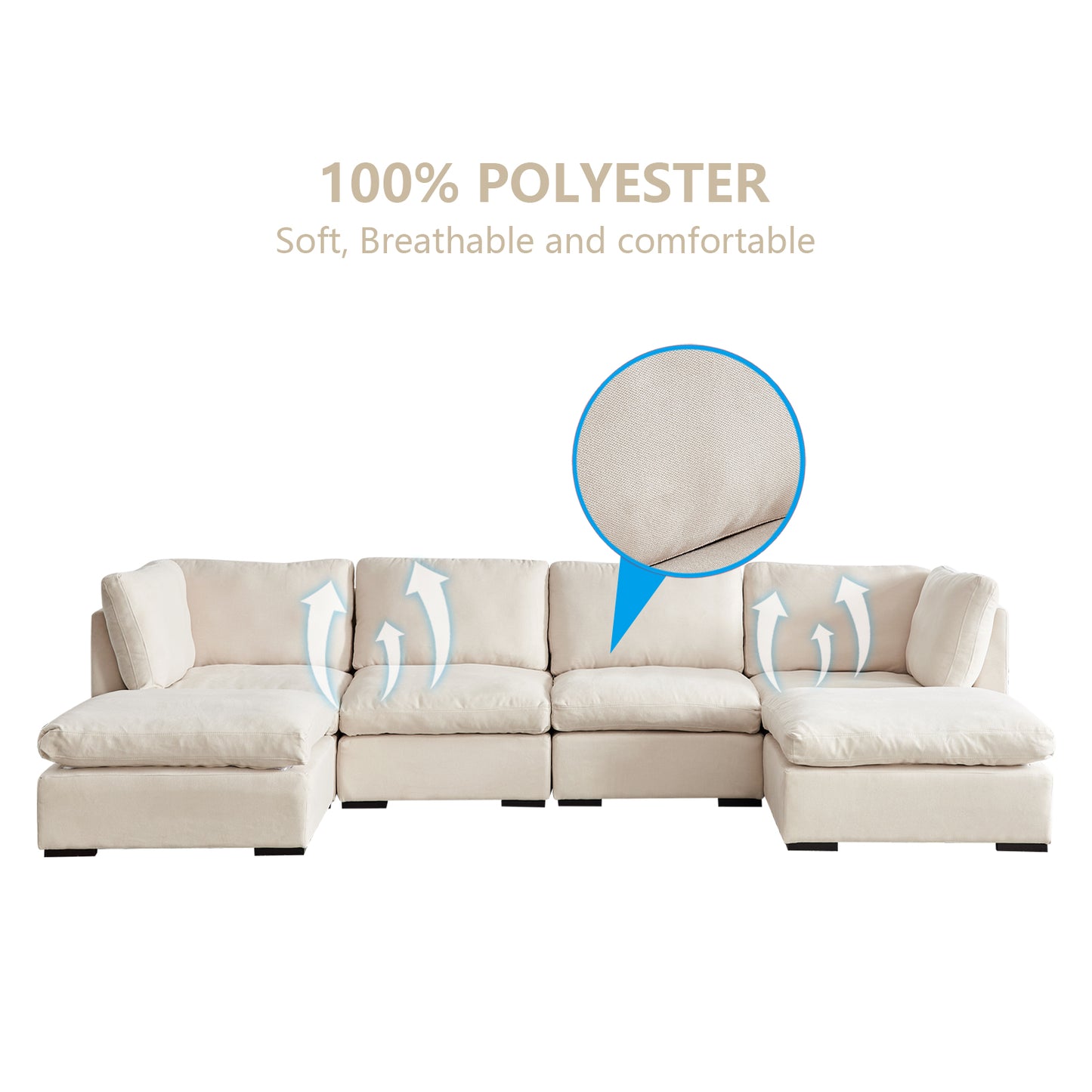 Modular Sofa with Ottoman,Filled with Down ,Soft Linen Fabric,Beige