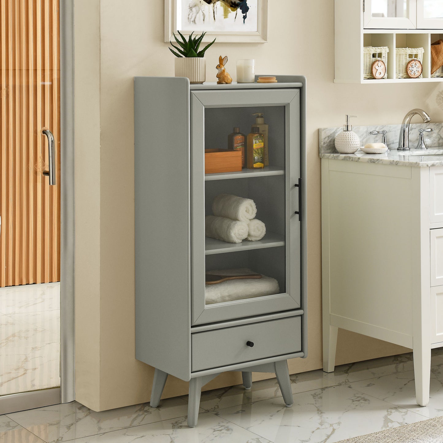 Modern Bathroom Storage Cabinet & Floor Standing cabinet with Glass Door with Double Adjustable Shelves and One Drawer, Extra Storage Space on Top, Gray(19.75"×13.75"×46")