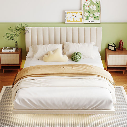 Queen Size Upholstered Bed with Sensor Light and Headboard, Floating Velvet Platform Bed, Beige