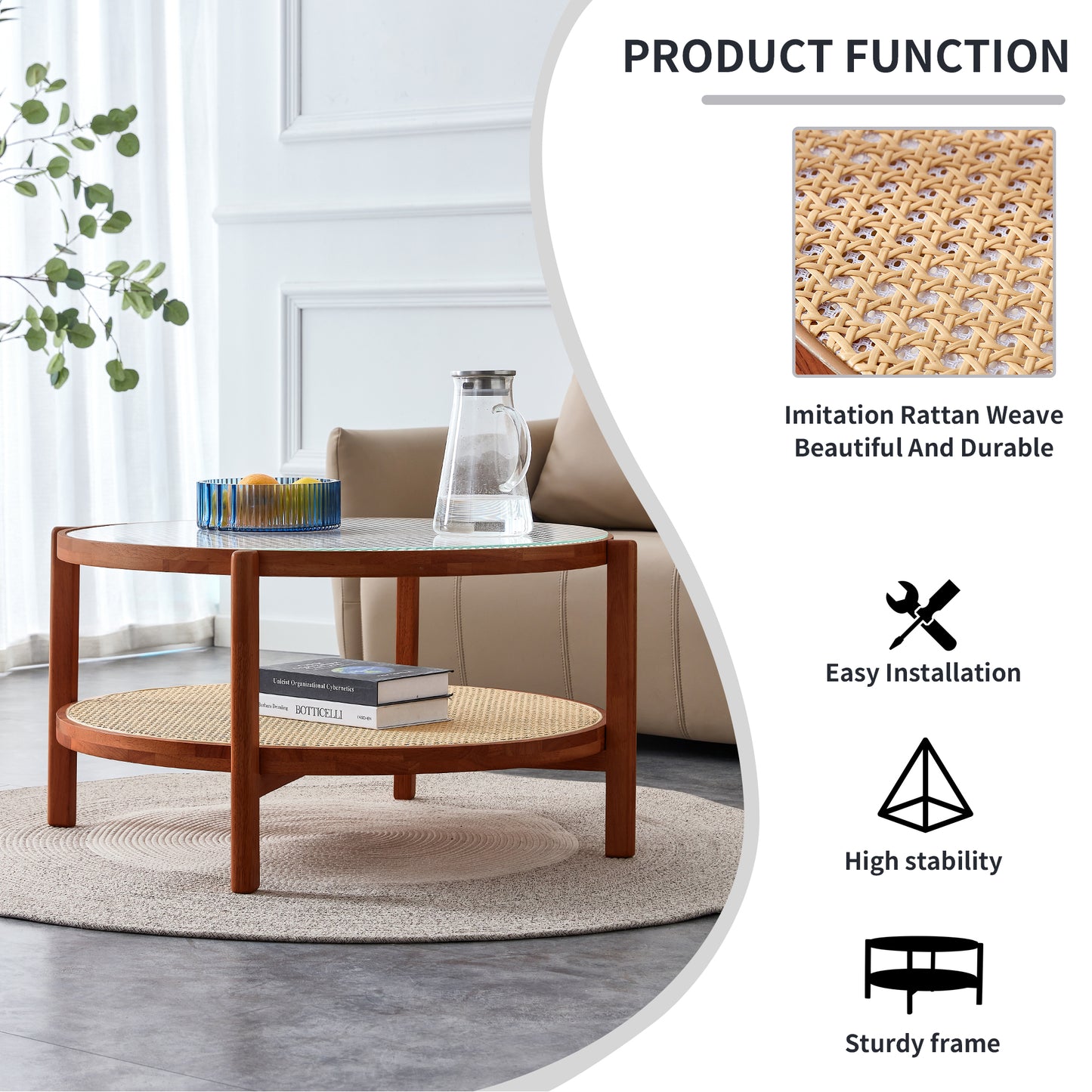 Modern minimalist circular double-layer solid wood coffee table, craft glass tabletop, second layer material: PE rattan, solid wood frame. 34.6 '* 34.6' * 17.7''