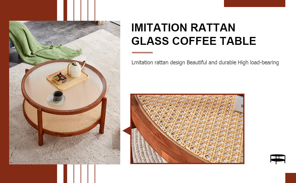 Modern minimalist circular double-layer solid wood coffee table, craft glass tabletop, second layer material: PE rattan, solid wood frame. 34.6 '* 34.6' * 17.7''