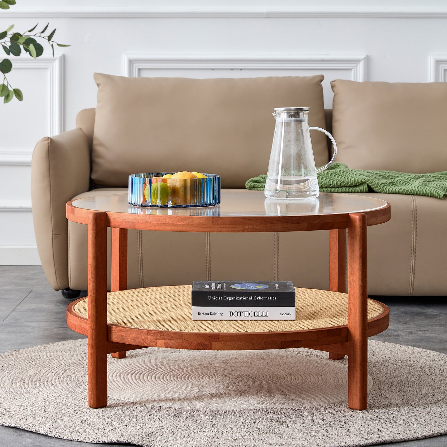 Modern minimalist circular double-layer solid wood coffee table, craft glass tabletop, second layer material: PE rattan, solid wood frame. 34.6 '* 34.6' * 17.7''