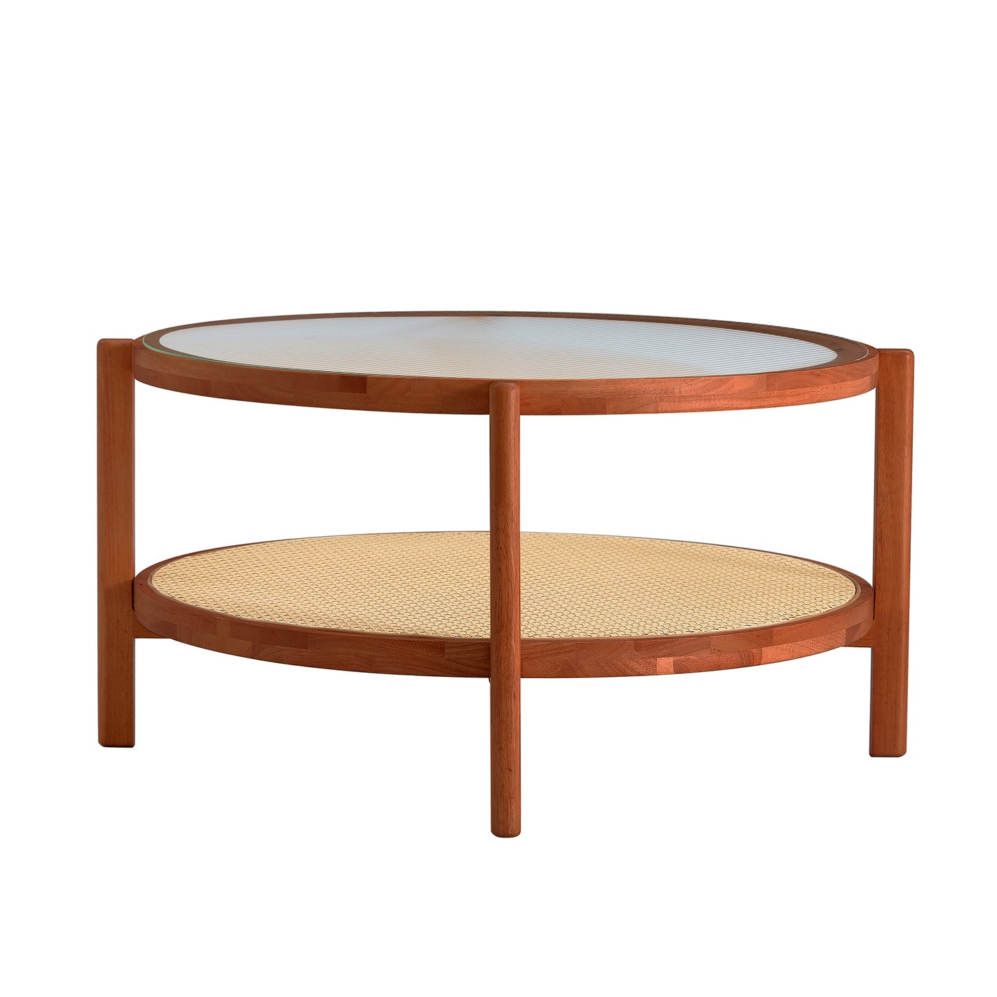 Modern minimalist circular double-layer solid wood coffee table, craft glass tabletop, second layer material: PE rattan, solid wood frame. 34.6 '* 34.6' * 17.7''