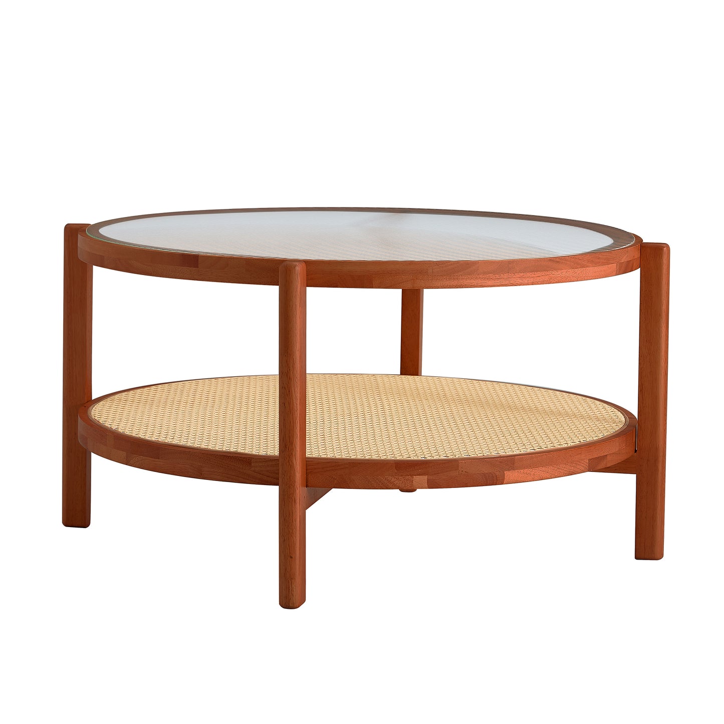 Modern minimalist circular double-layer solid wood coffee table, craft glass tabletop, second layer material: PE rattan, solid wood frame. 34.6 '* 34.6' * 17.7''