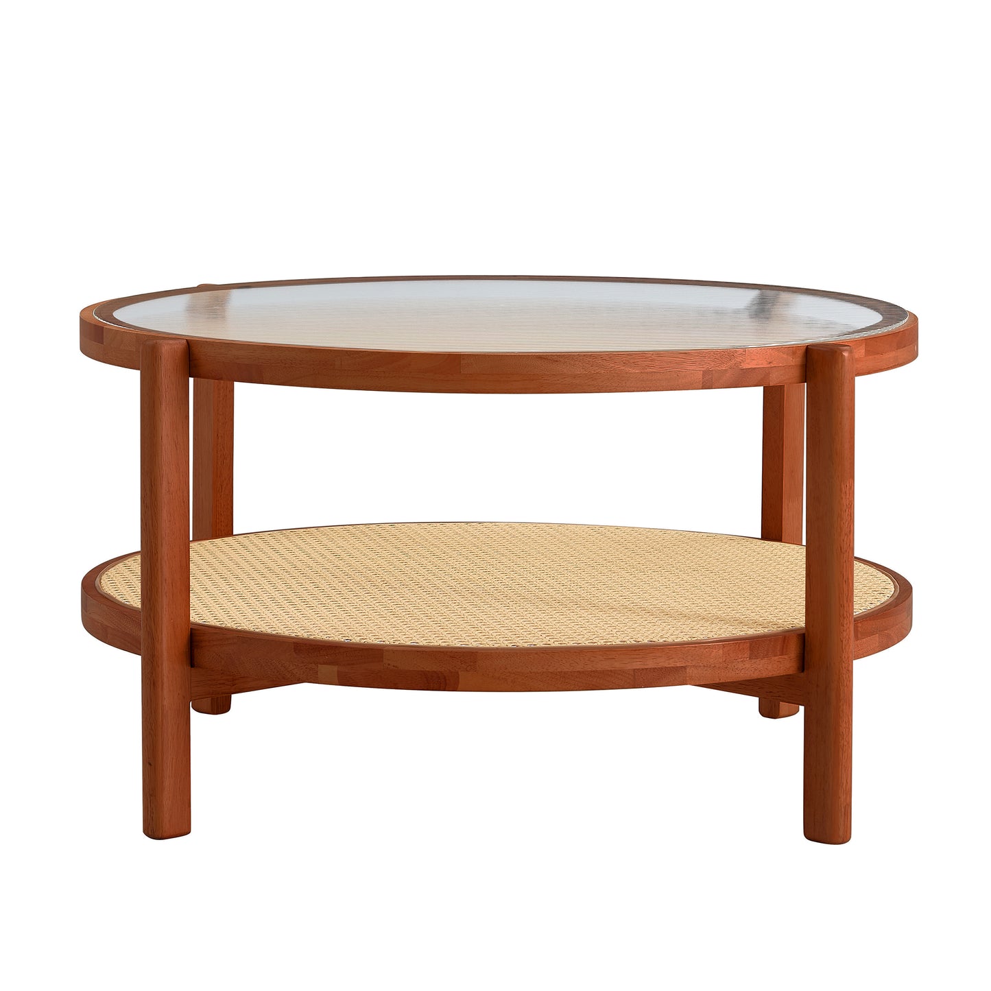 Modern minimalist circular double-layer solid wood coffee table, craft glass tabletop, second layer material: PE rattan, solid wood frame. 34.6 '* 34.6' * 17.7''