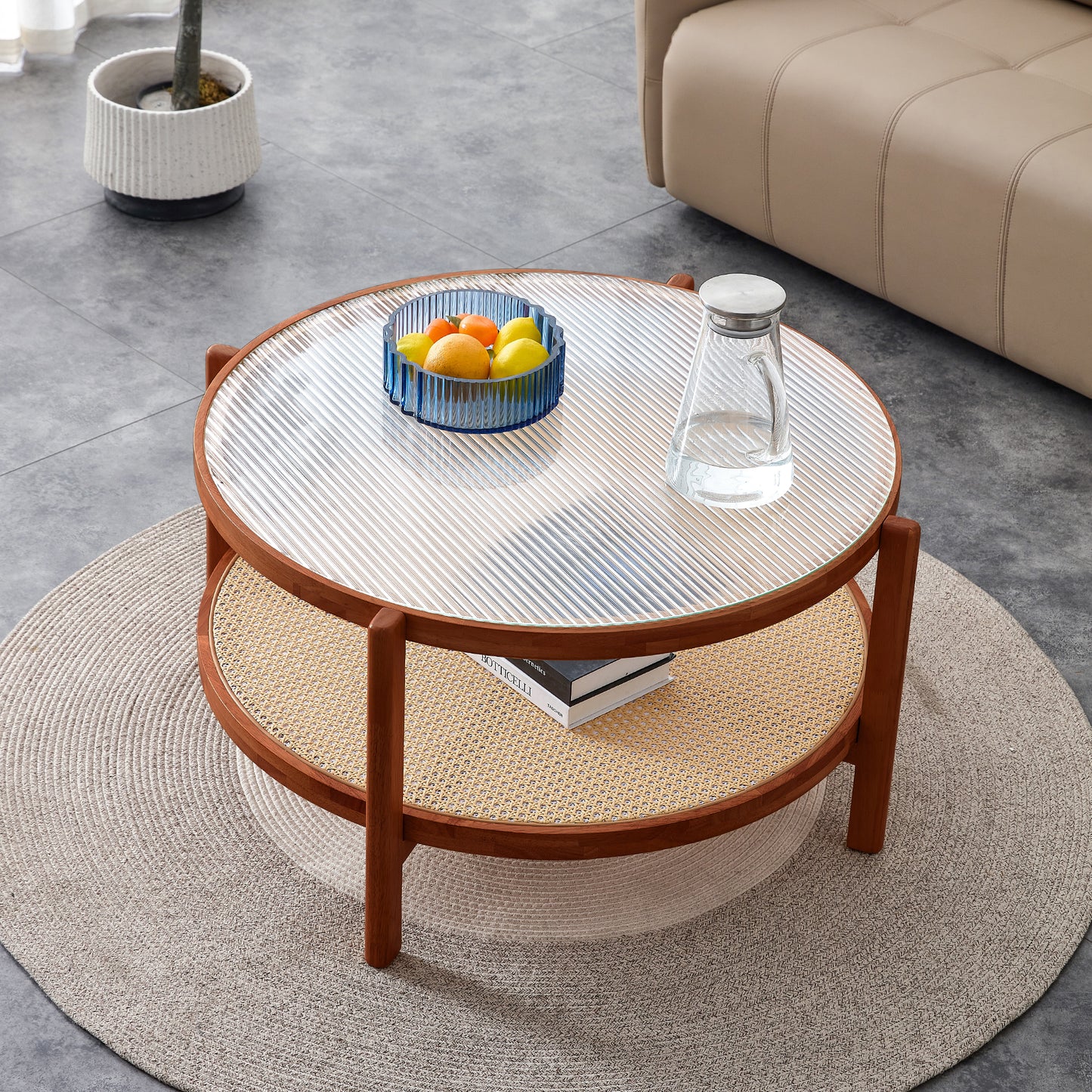 Modern minimalist circular double-layer solid wood coffee table, craft glass tabletop, second layer material: PE rattan, solid wood frame. 34.6 '* 34.6' * 17.7''