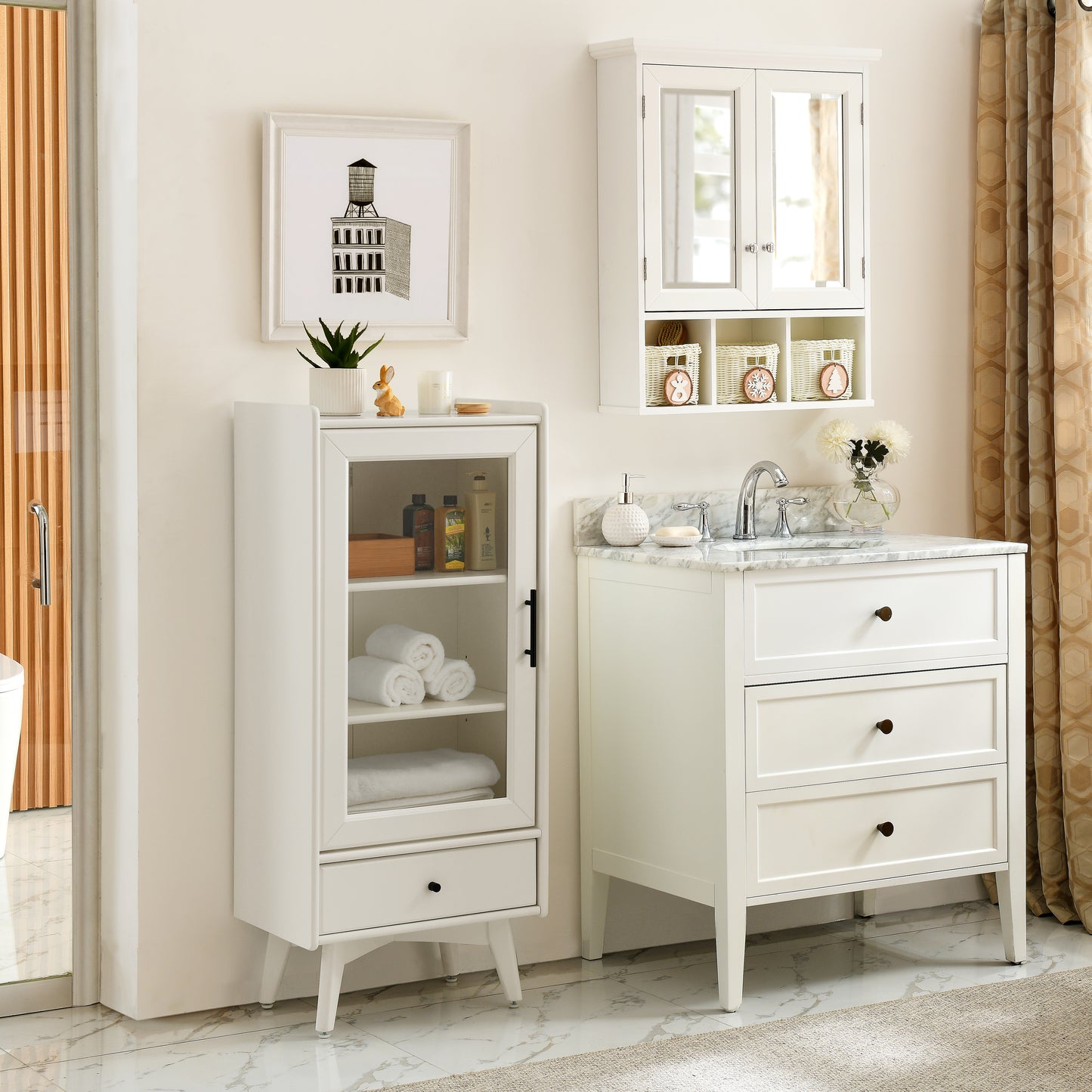 Modern Bathroom Storage Cabinet & Floor Standing cabinet with Glass Door with Double Adjustable Shelves and One Drawer, Extra Storage Space on Top, White(19.75"×13.75"×46")