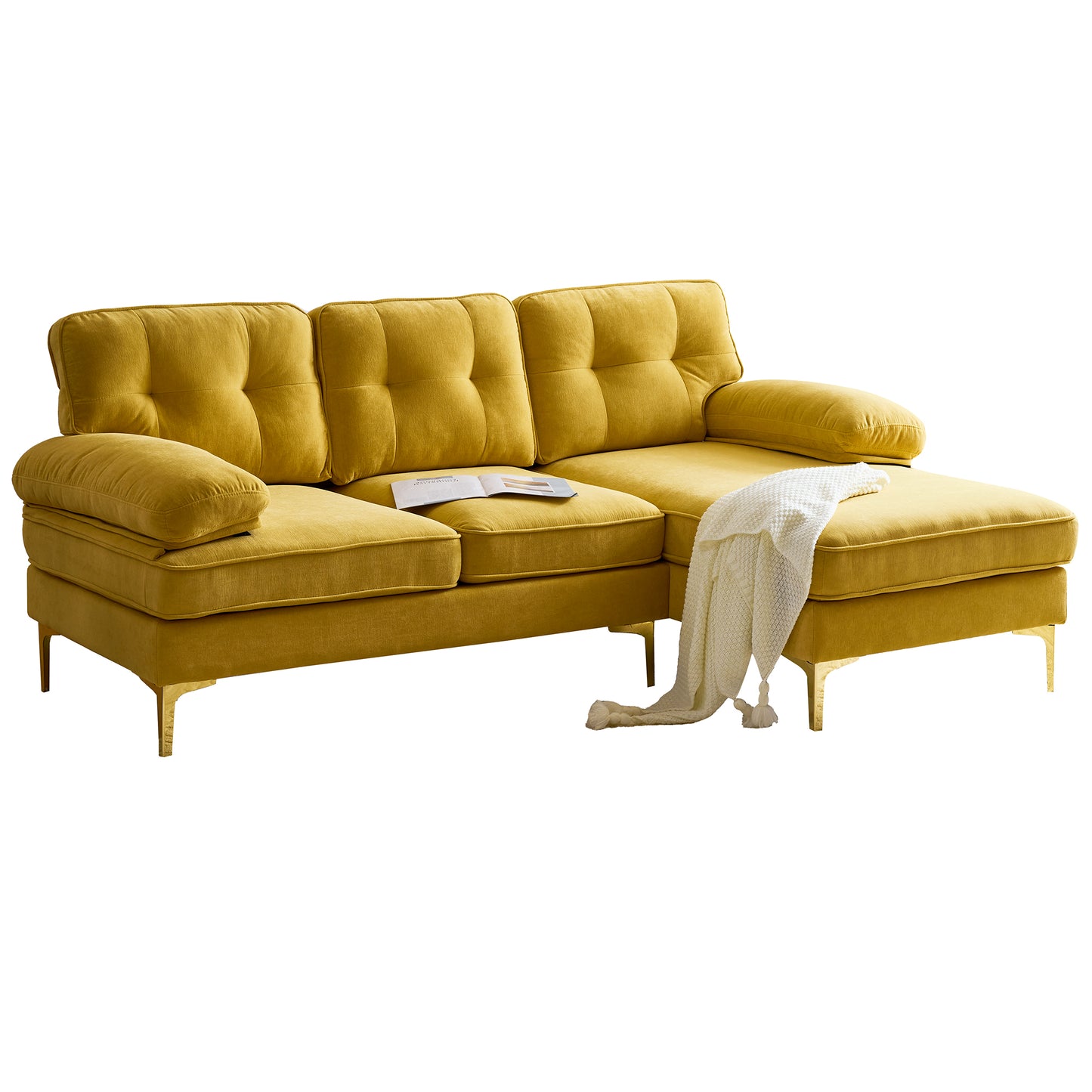 （缺货）83" Modern Sectional Sofas Couches Velvet L-Shaped Couches for Living Room, Bedroom, Yellow